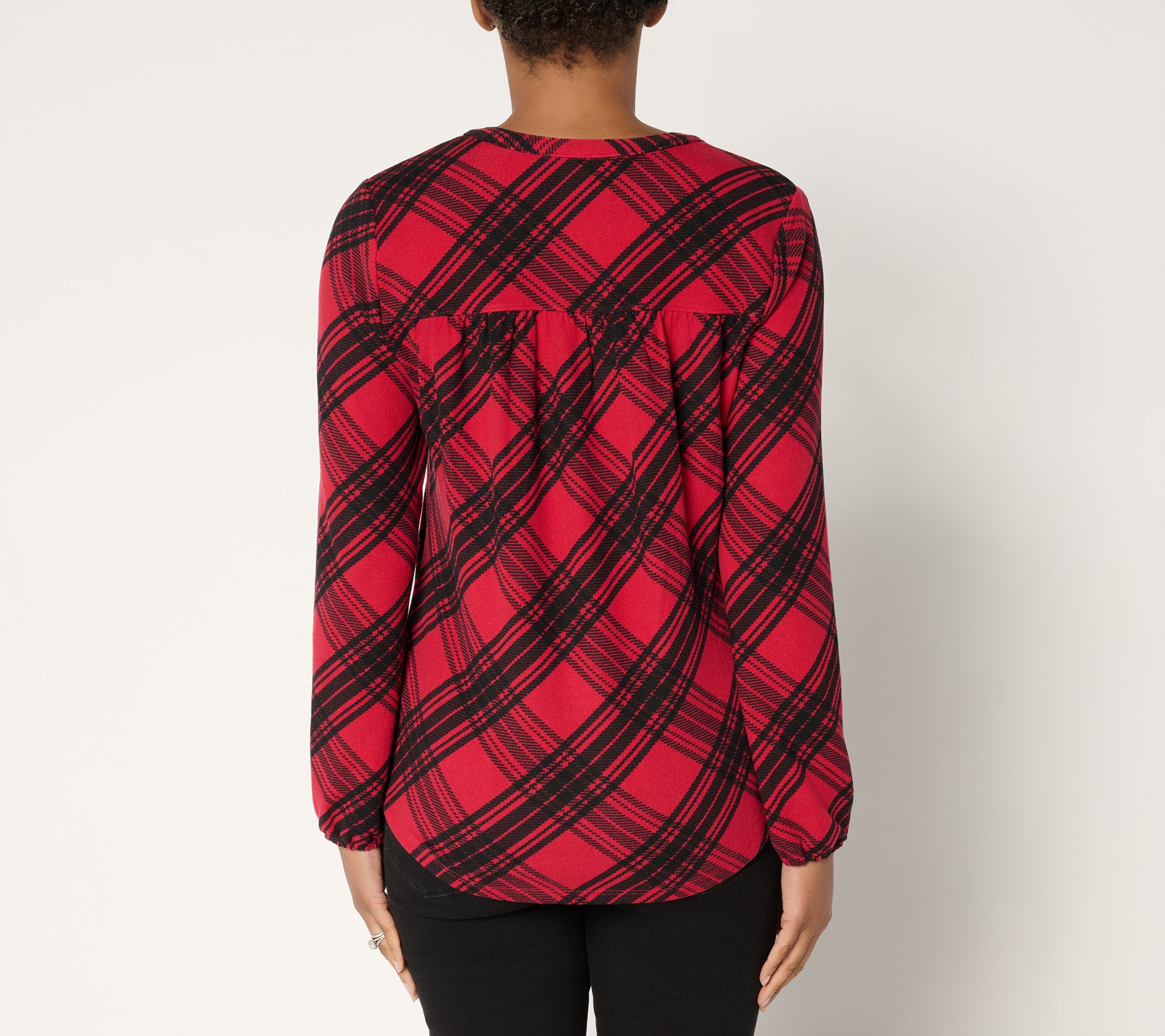 Denim & Co. Plaid Heavenly Jersey Split V-Neck Long Sleeve Top