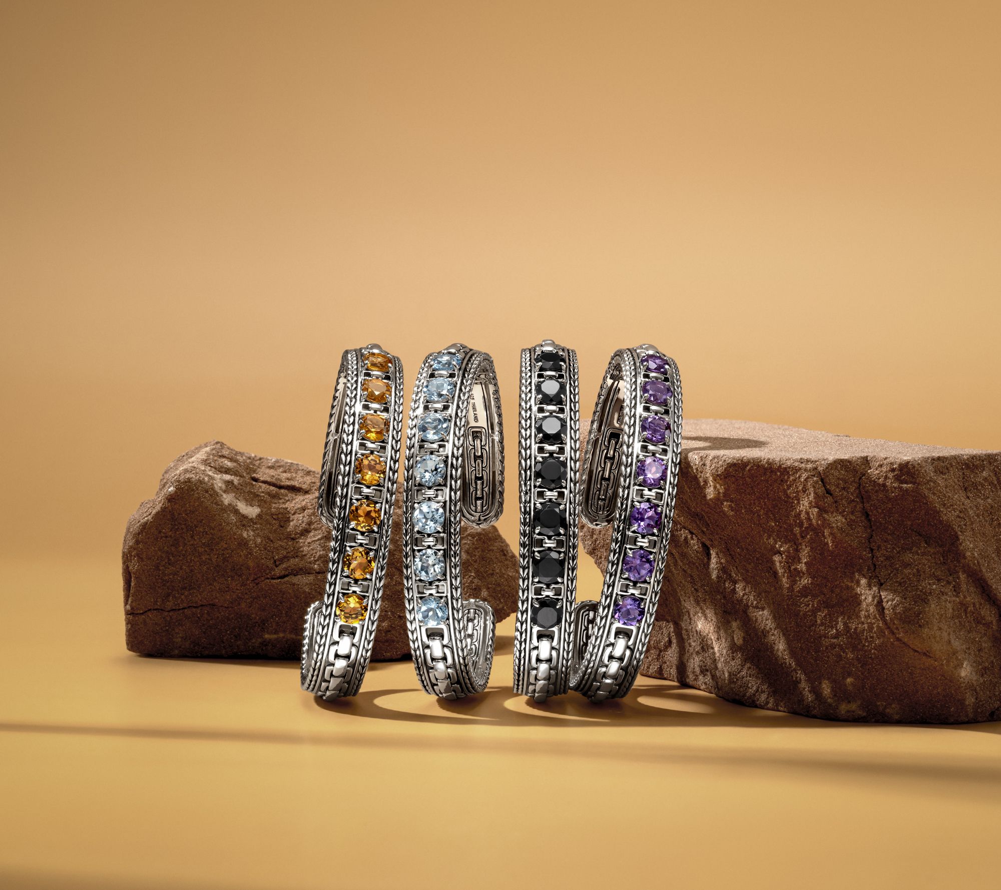 JAI Sterling Silver Round Gemstone Box Chain Cuff Bracelet