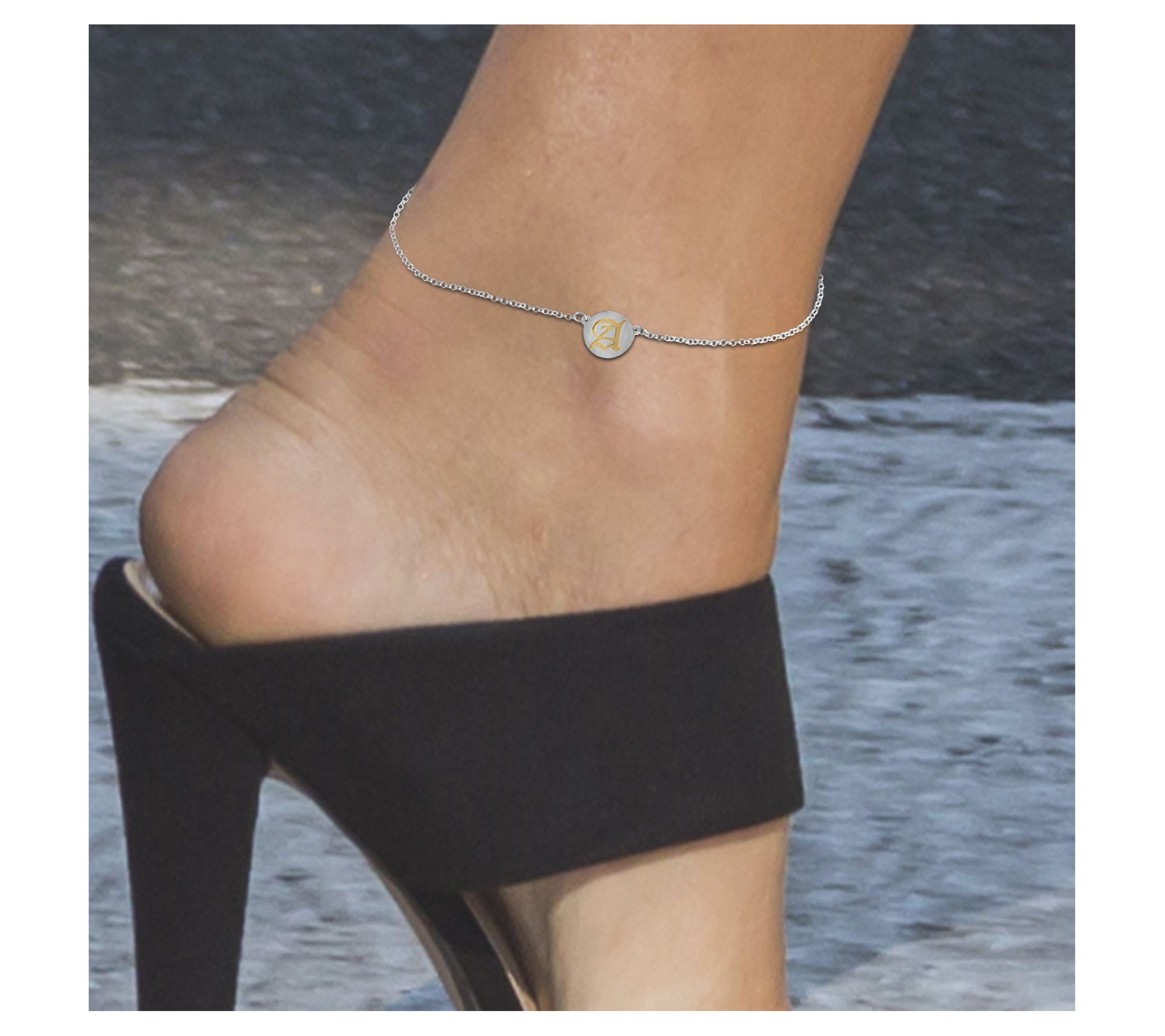 Sterling Silver & 14K Gold Initial Disc Ankle Bracelet