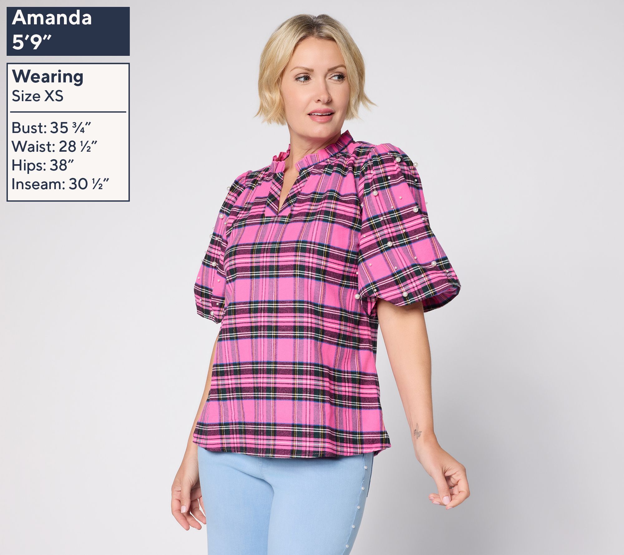 Jingle Belles by Kim Gravel Stretch Tartan Pearl Trimmed Top