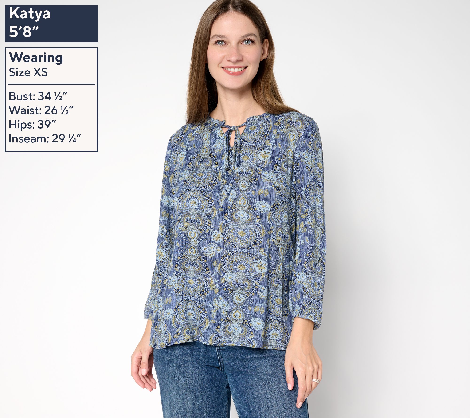 Denim & Co. Printed Bracelet Sleeve Popover Top with Tassels