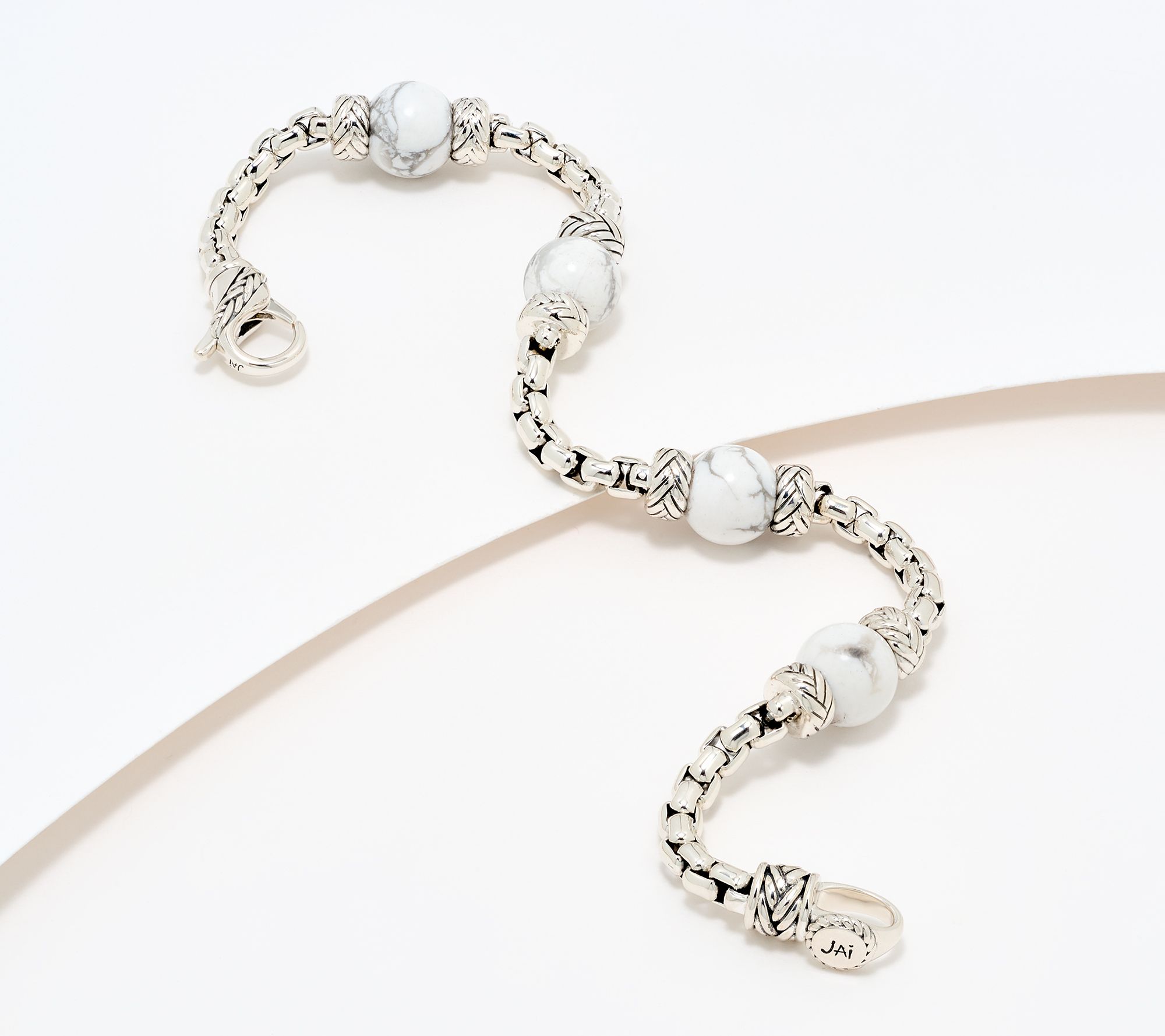 JAI Sterling Silver 3.7mm Box Chain Gemstone Bead Lotus Bracelet