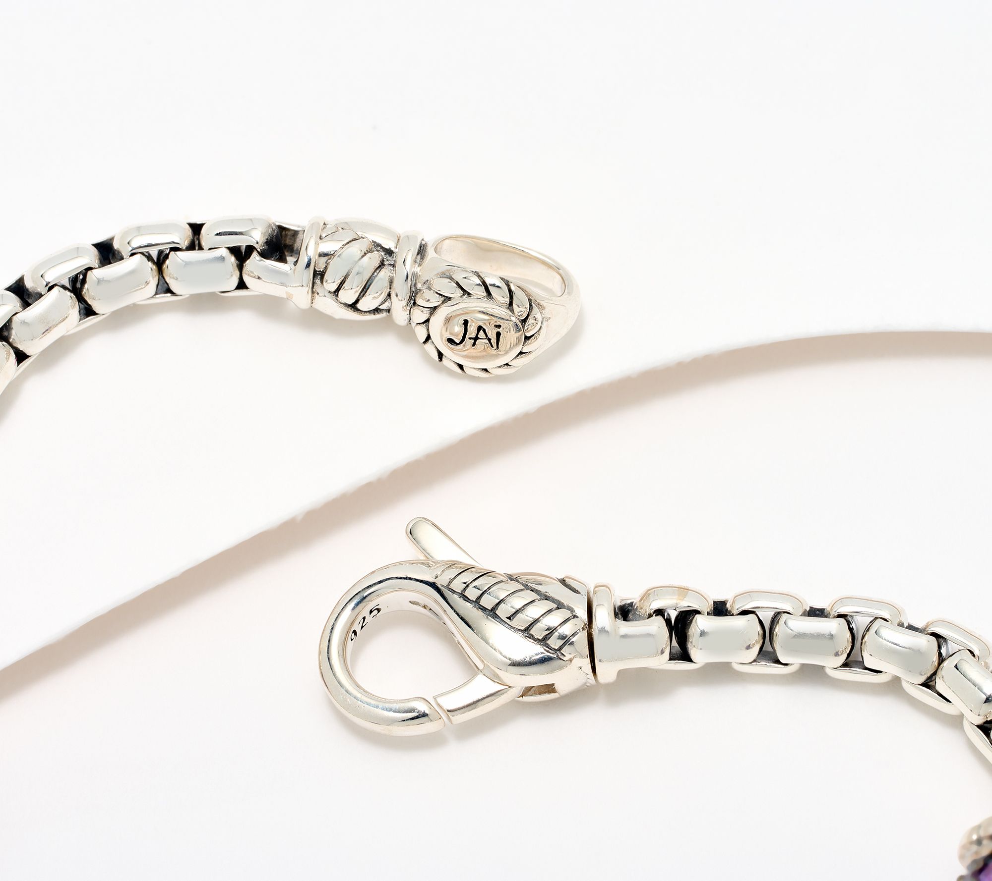 JAI Sterling Silver Pave Station 3.7mm Box Chain Bracelet, 13.0g