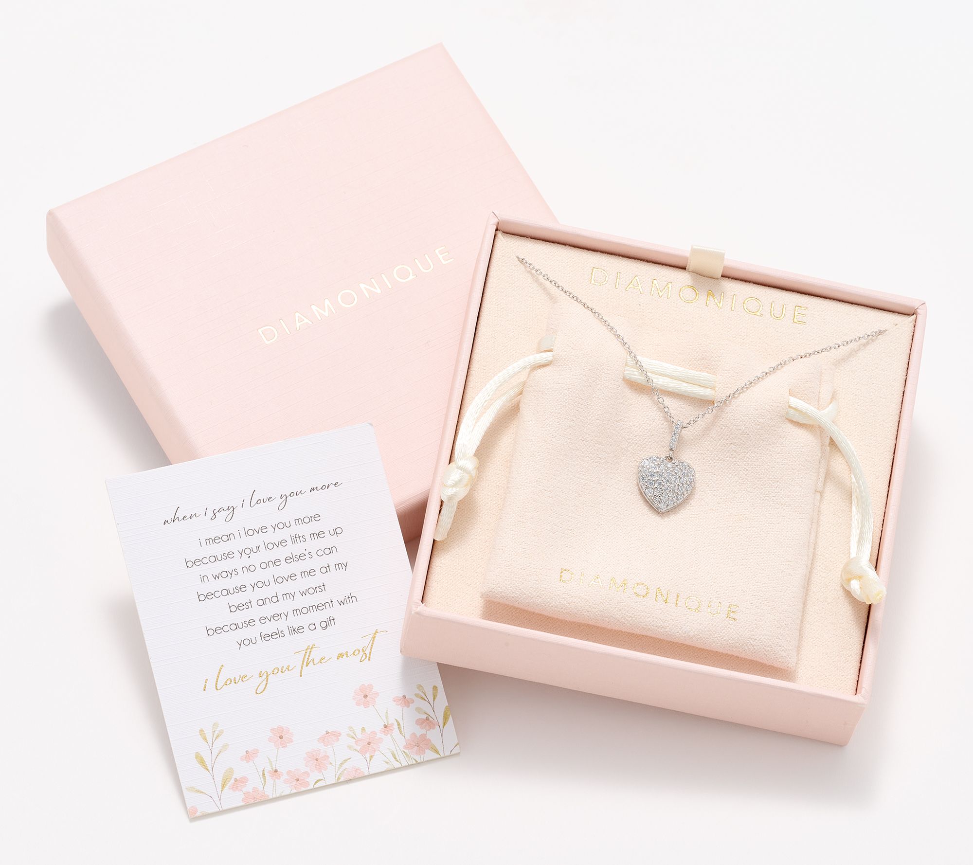 Diamonique Sterling Silver Puffy Pave Heart Necklace with Gift Box
