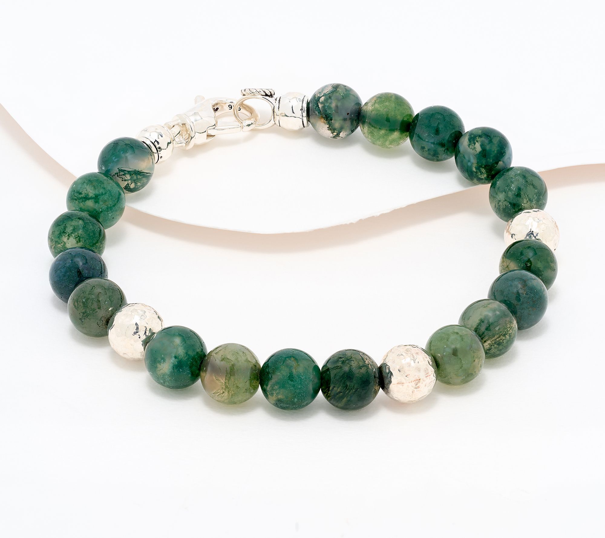 JAI Ireland Sterling Silver Moss Green Agate Bead Bracelet