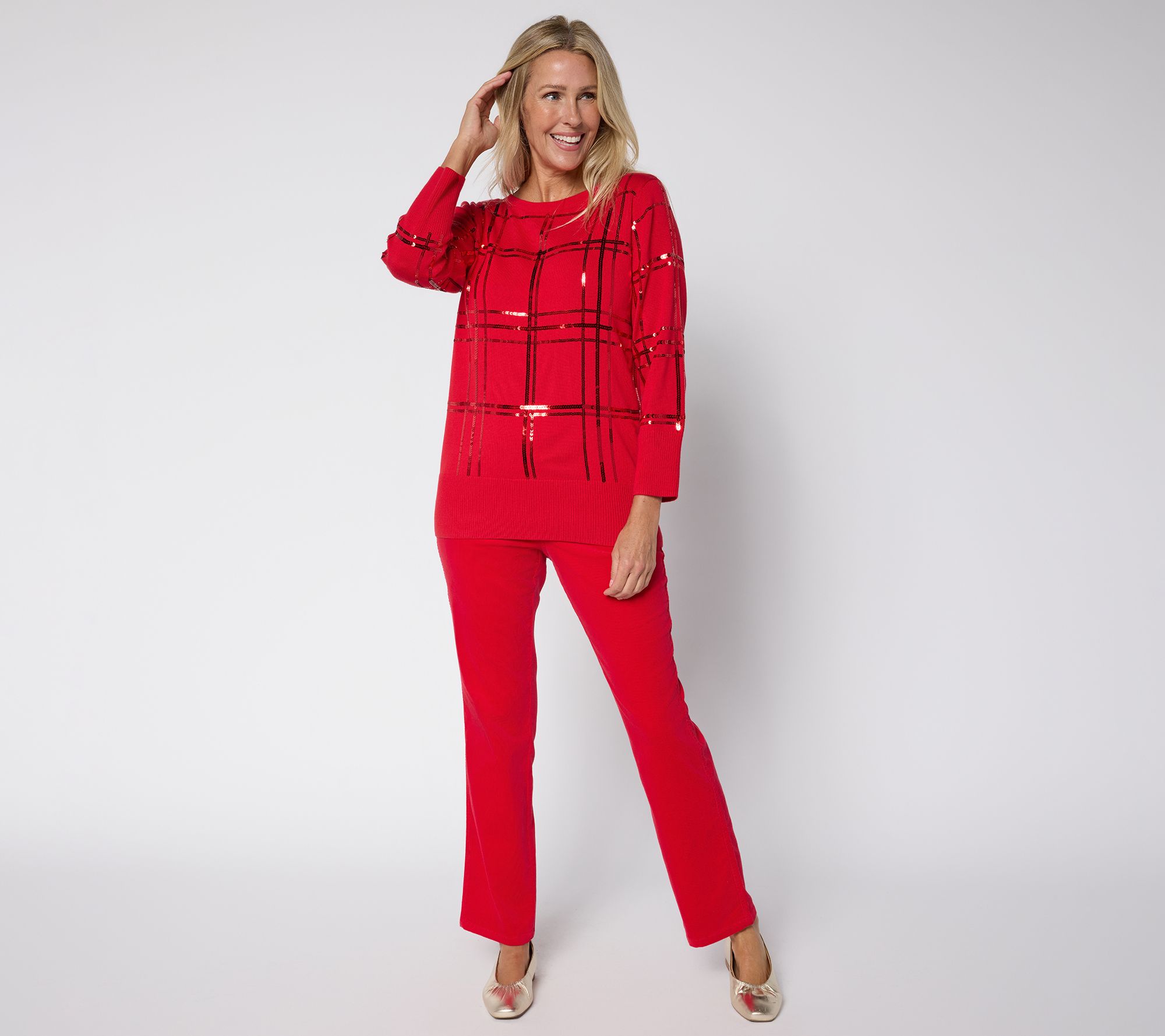 Denim & Co. Plaid Sequin Boat Neck Bracelet Sleeve Sweater