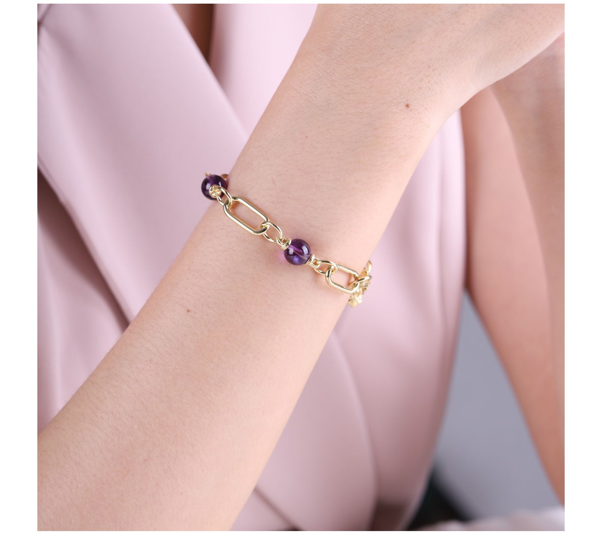 Ariva 18K Gold Clad Paperclip Link Gemstone Bead Bracelet