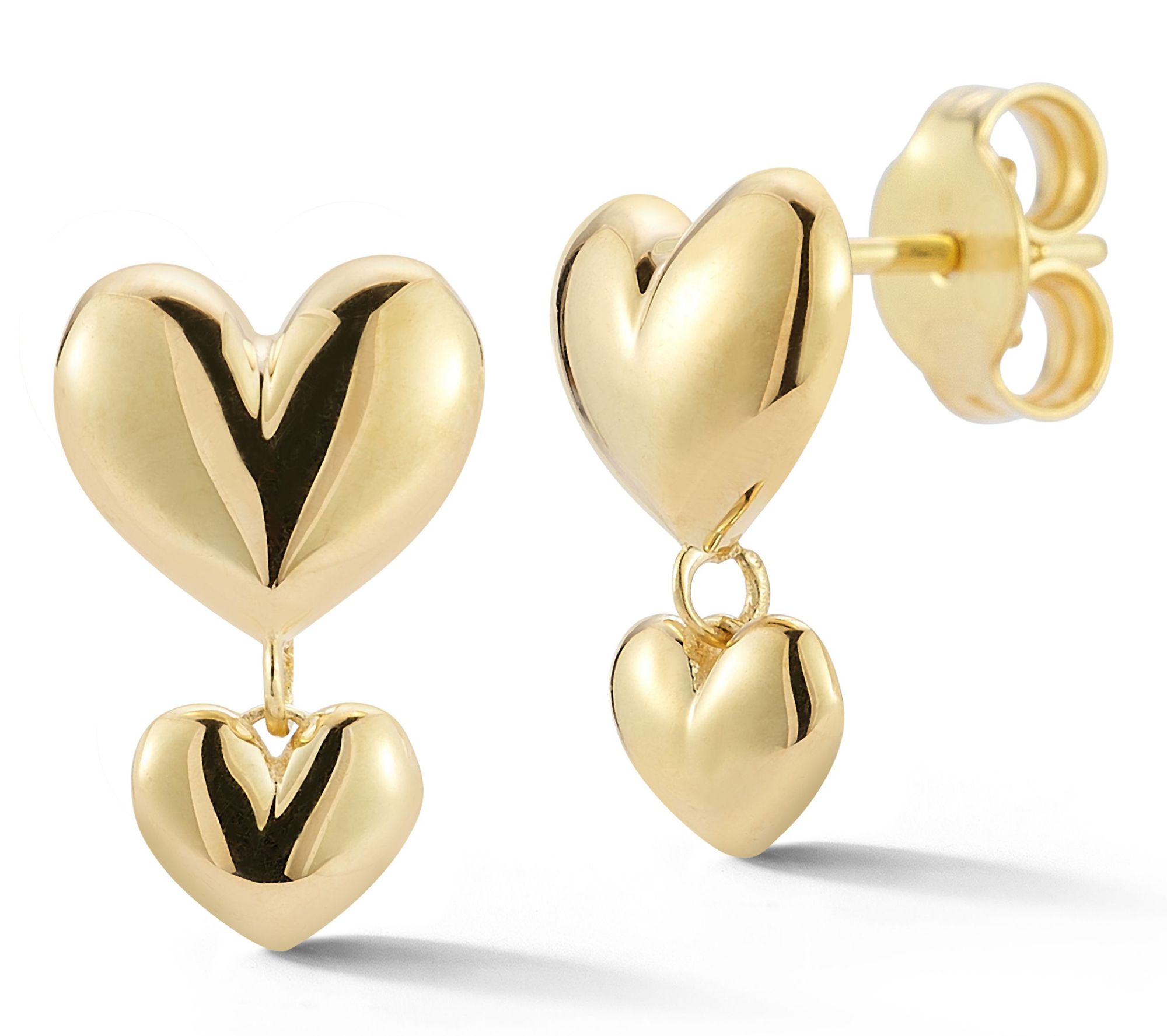 Italian Gold Double Puffed Heart Drop Earrings,14K