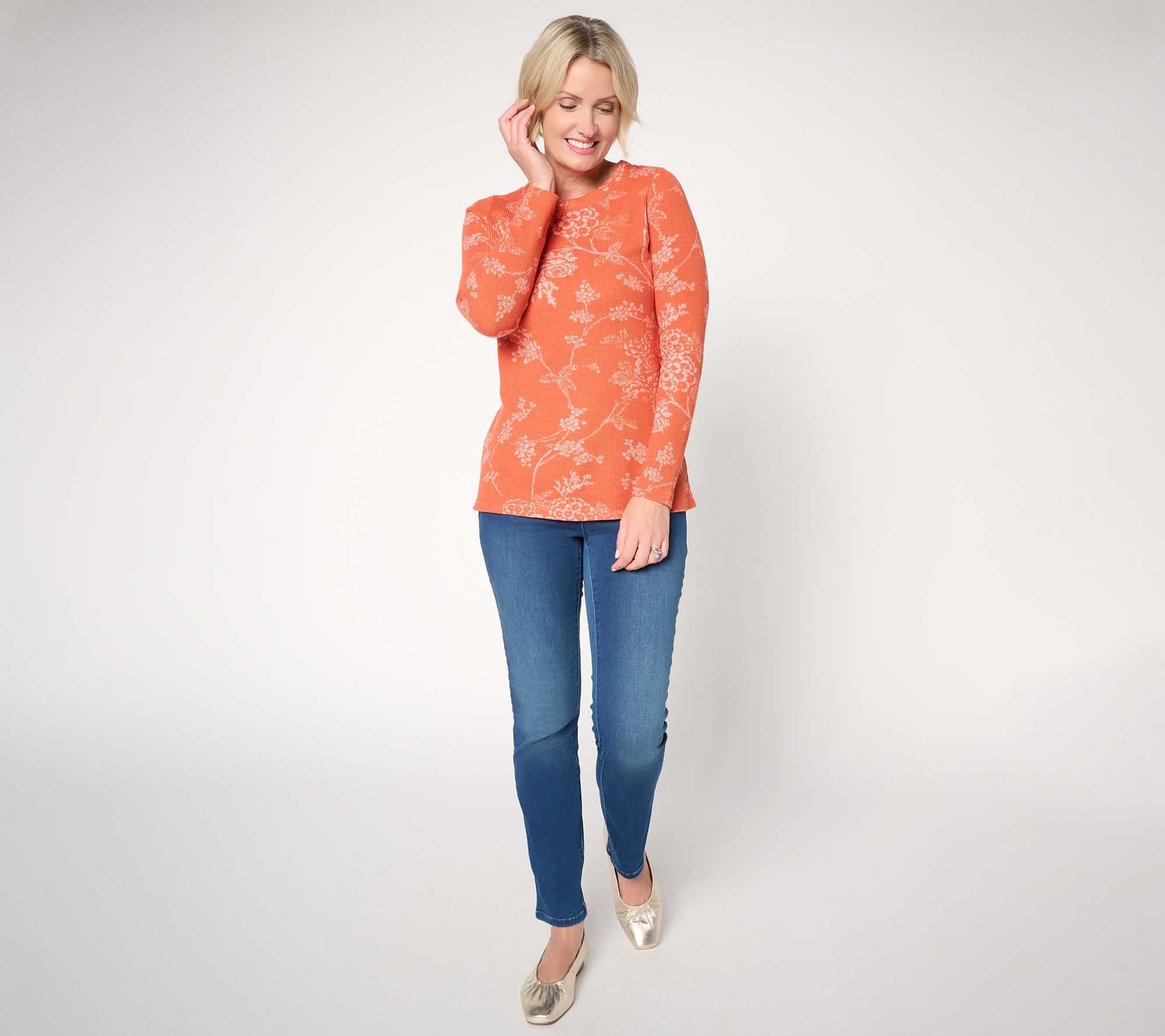 Belle by Kim Gravel Micro Waffle Vintage Floral Printed Top