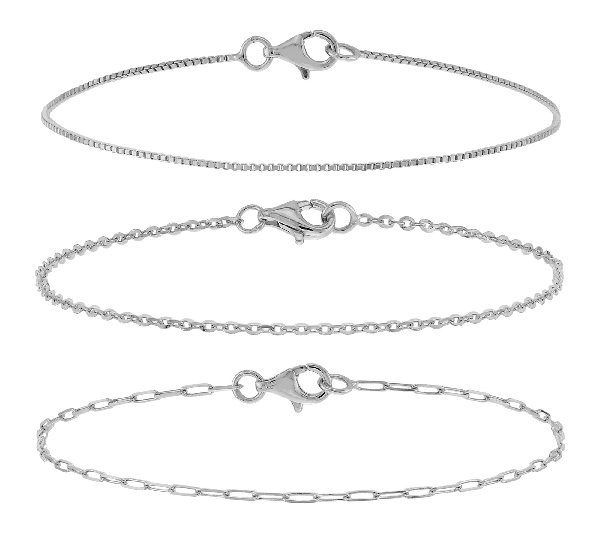 Silver Style Set of Paperclip, Box & Cable Bracelets, Sterling