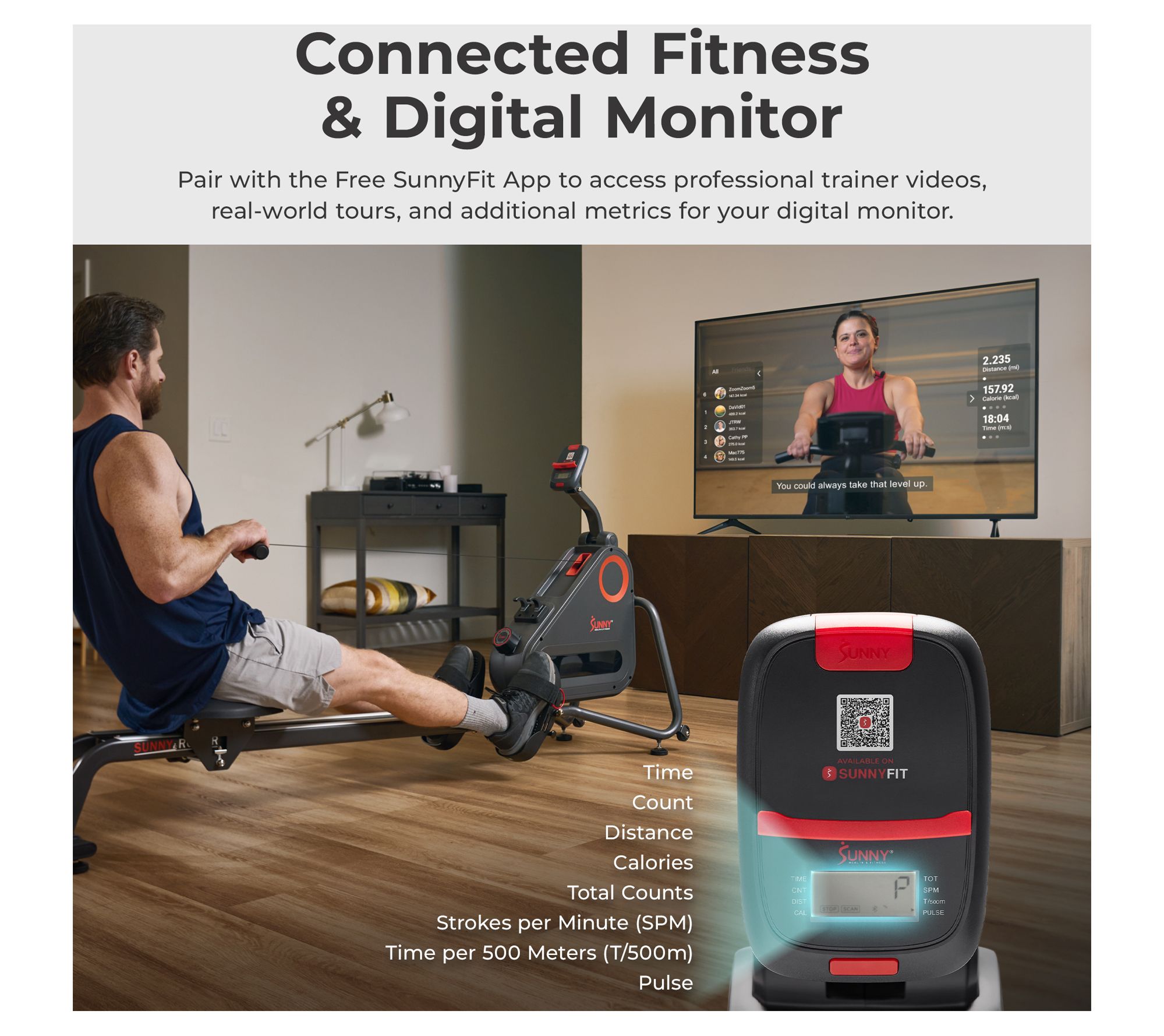 Sunny Smart Magnetic Rower with Dual Slide Rail