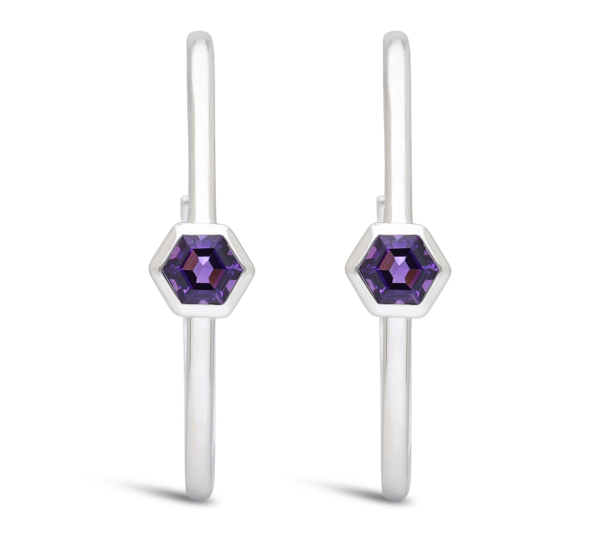 Goddaughters Sterling Silver Hexagon Amethyst Hoop Earrings