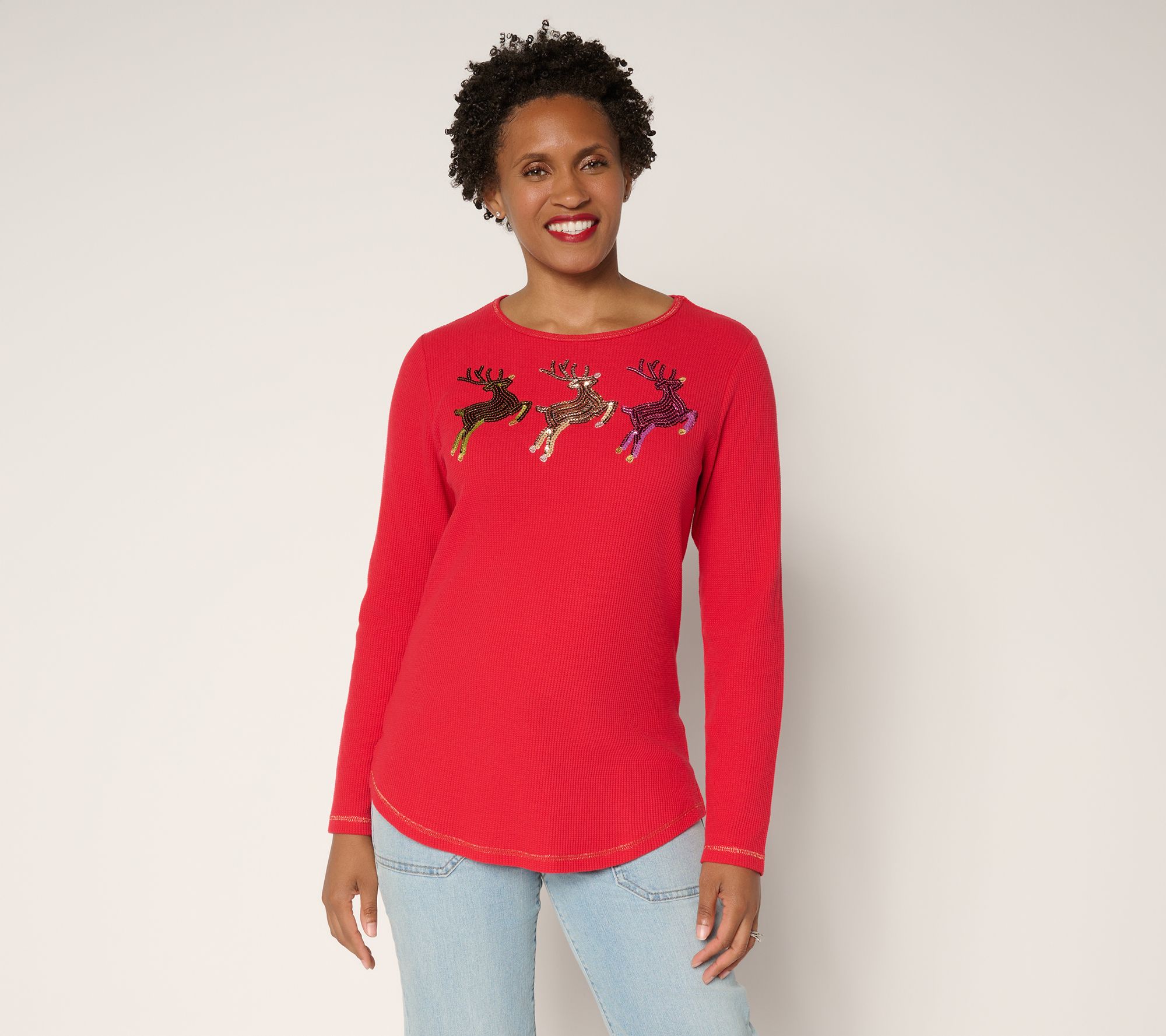 Quacker Factory Glitter Holiday Embellished Waffle Long Sleeve Top
