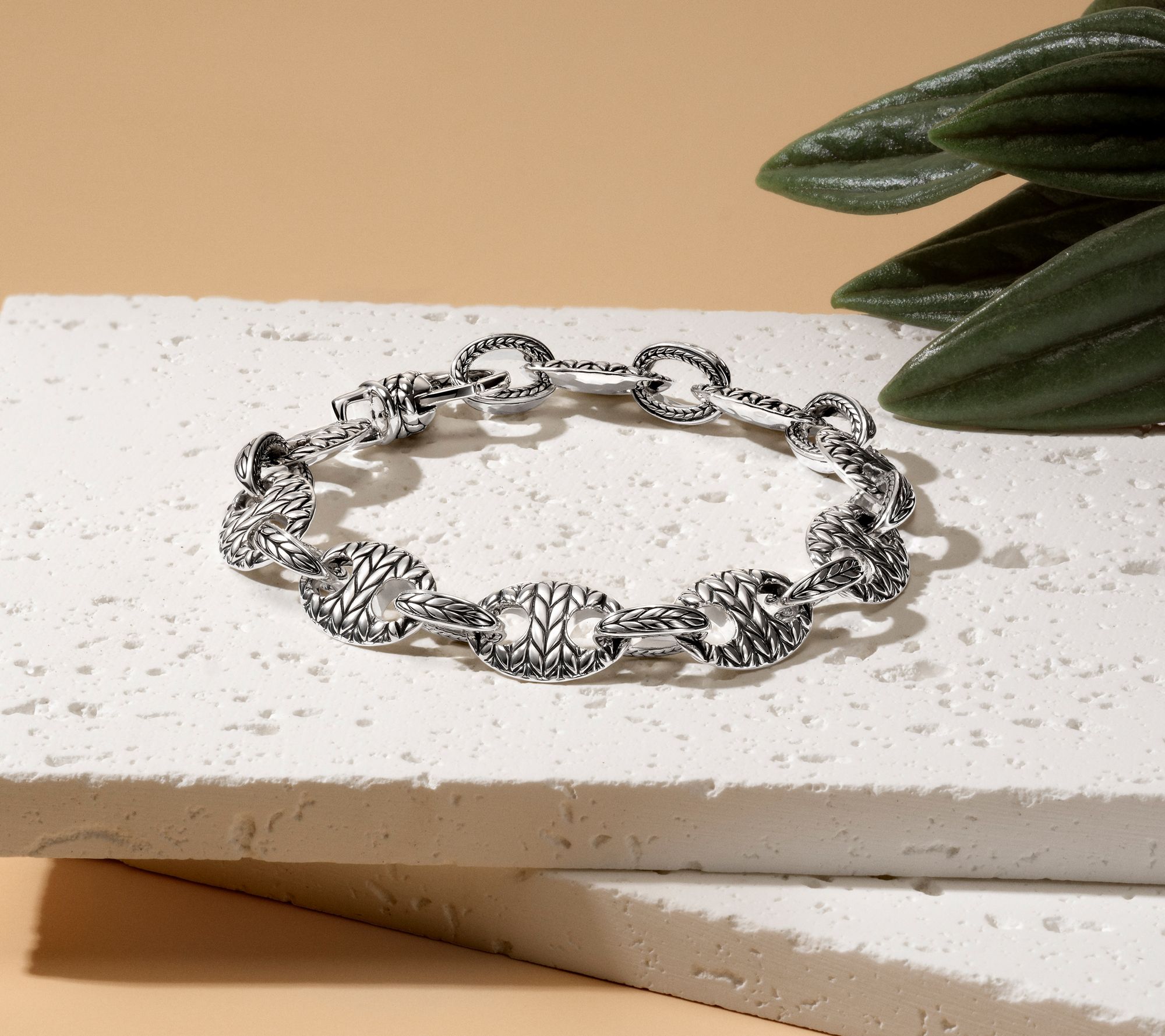 JAI Sterling Silver Textured Mariner Link Bracelet, 21.5g