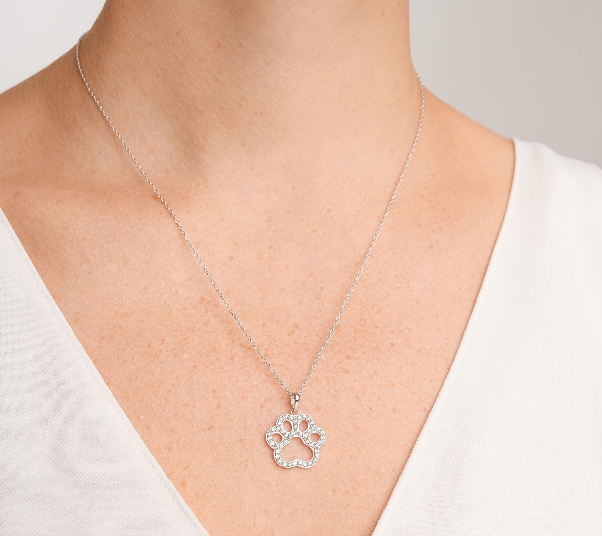 Diamonique Open Paw Print Necklace, Sterling Silver