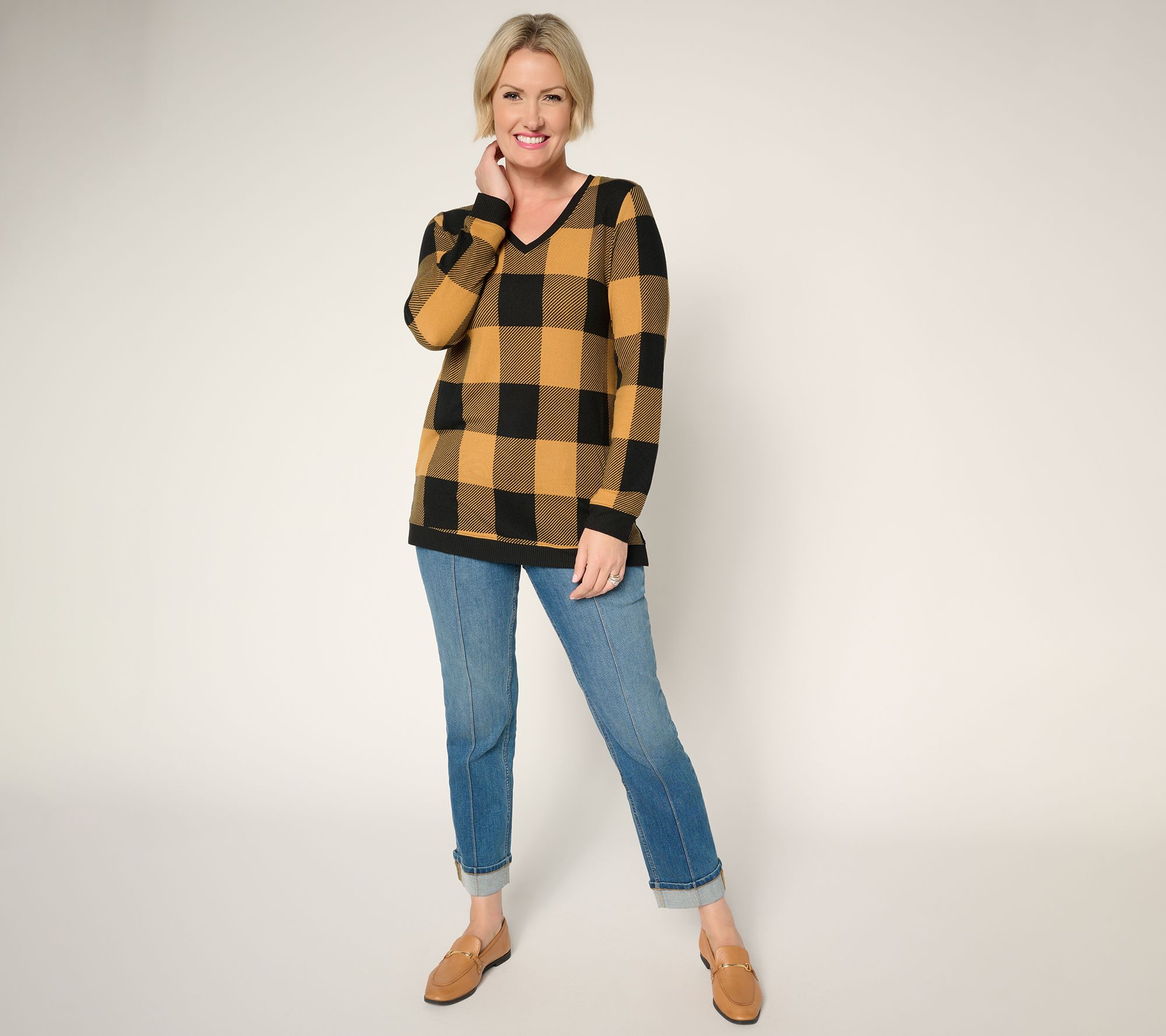 Denim & Co. Petite Buffalo Plaid Heavenly Jersey Tunic