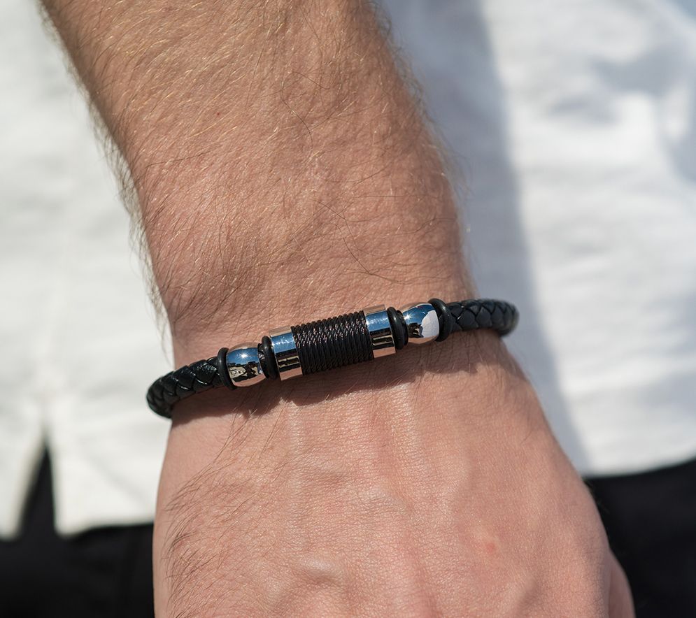 Steel by Design Men's Braided Genuine Leather Bracelet