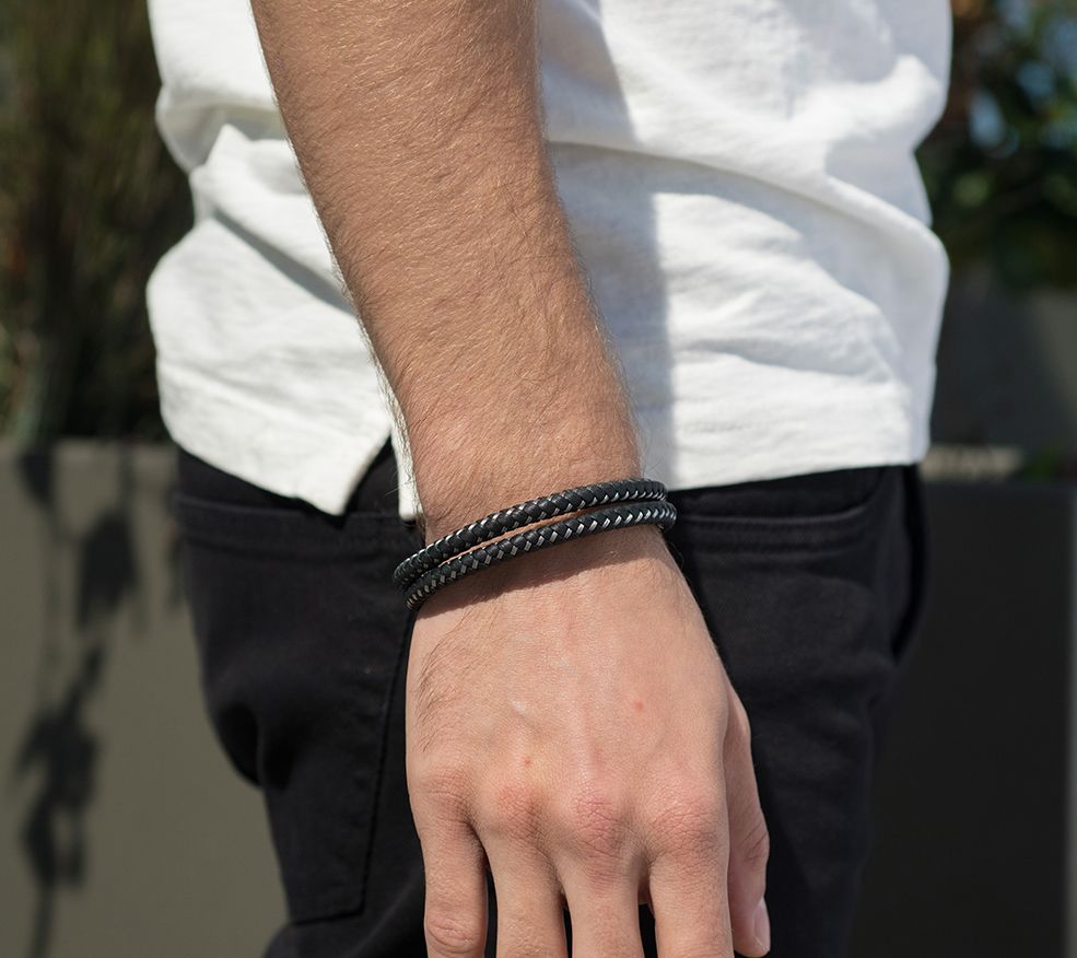 Steel by Design Men's Leather Braid ed Bracelet