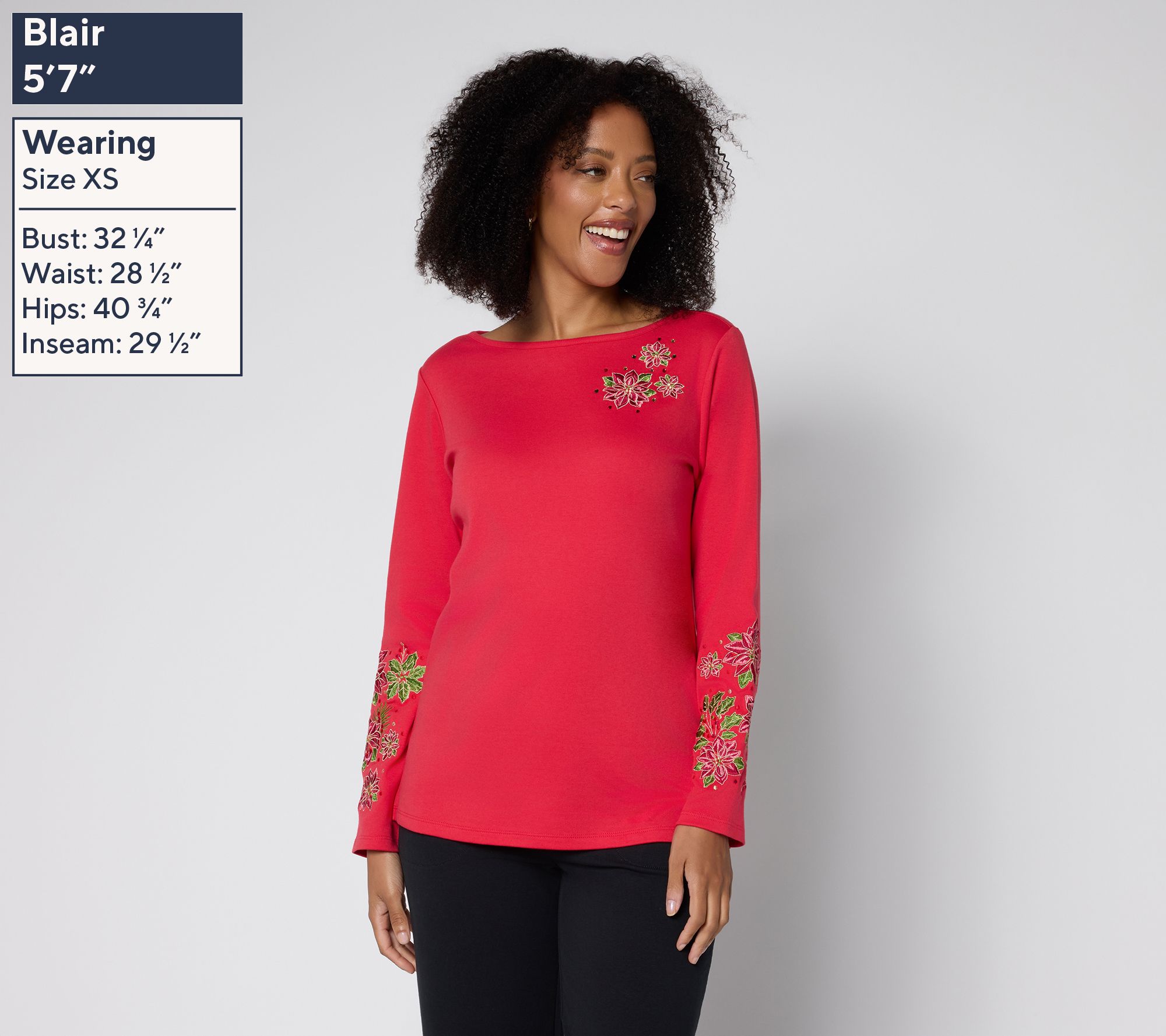 Quacker Factory Poinsettia Floral Bateau Long Sleeves Top