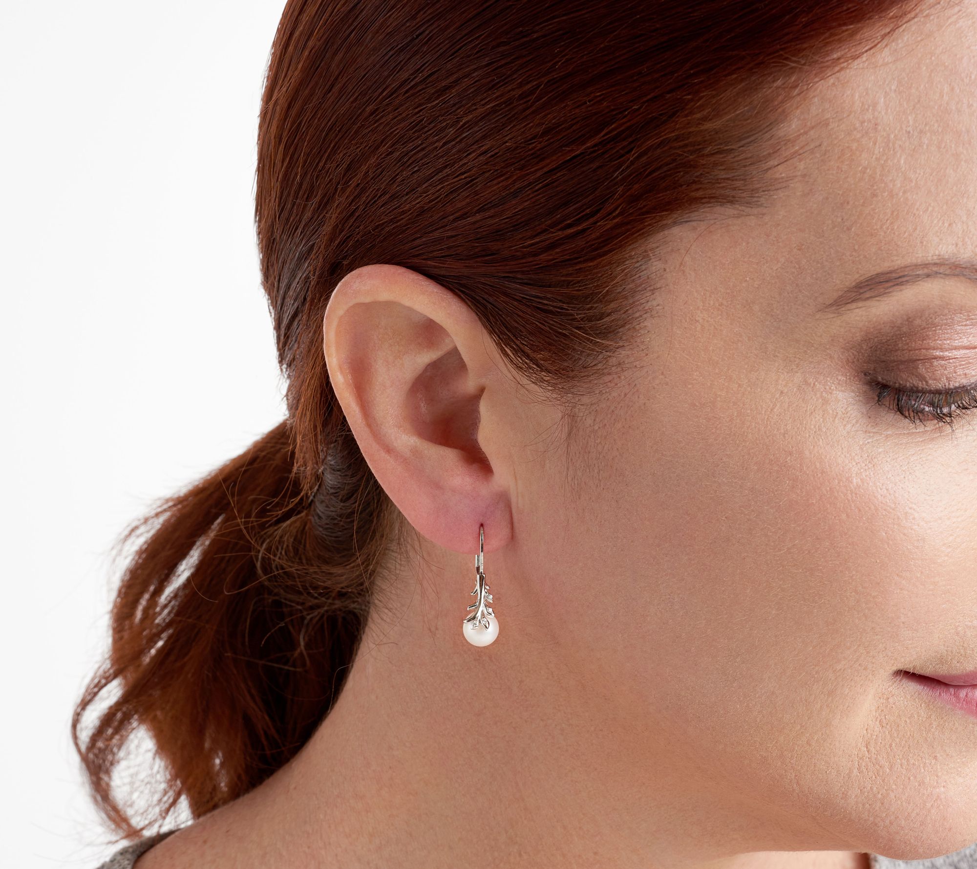 Diamonique Leafy Cultured Pearl Dangle Earrings, Sterling