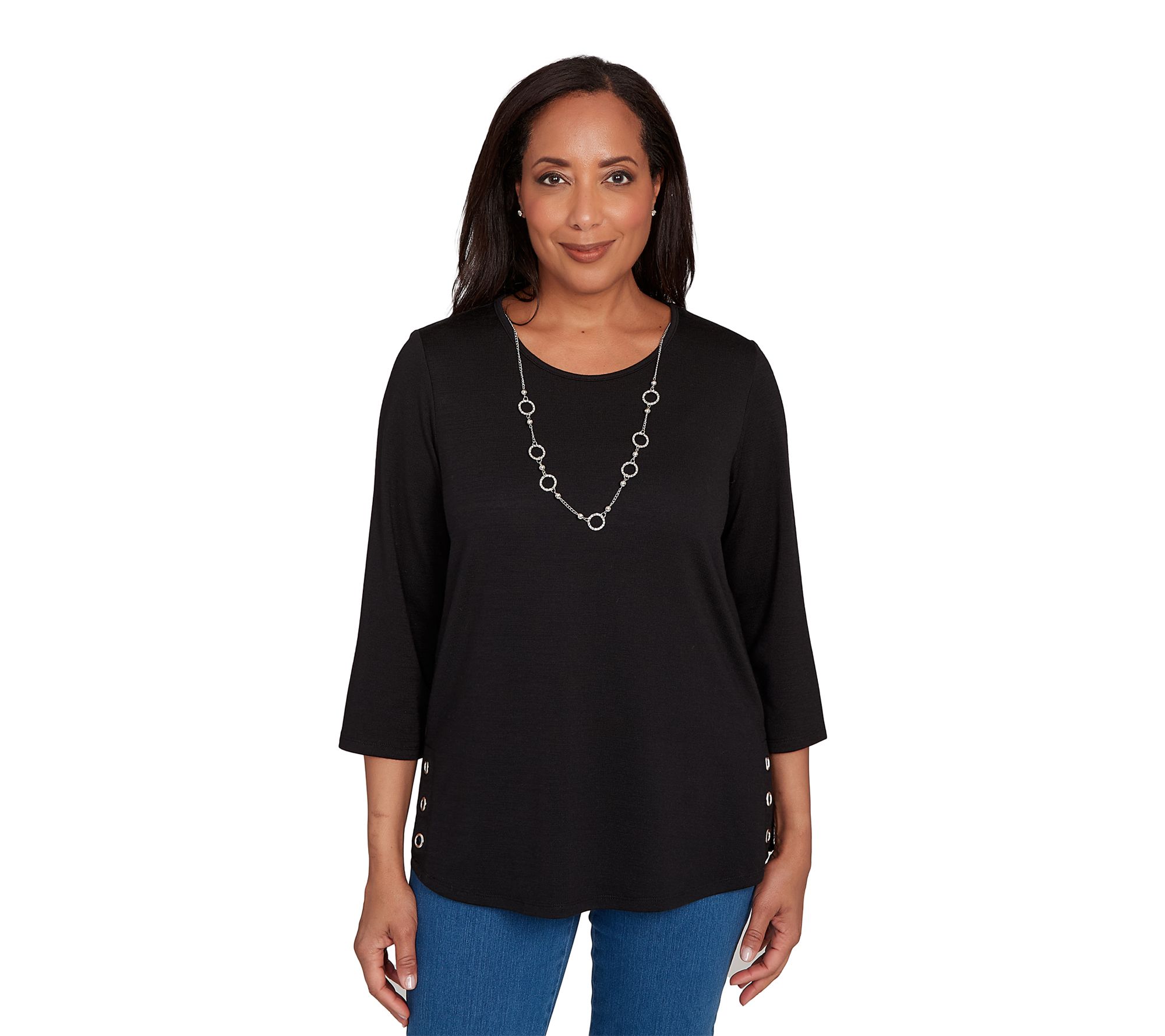 Alfred Dunner Petite Melange Side Button Top with Necklace
