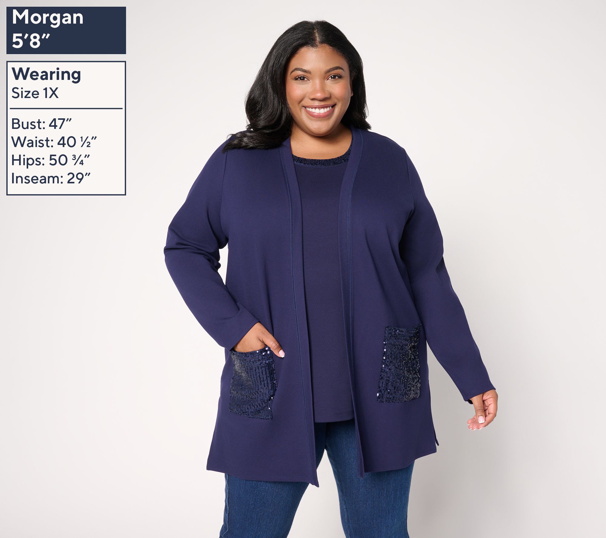 Jingle Belles by Kim Gravel Regular Sequin Pocket Ponte Duster Cardigan