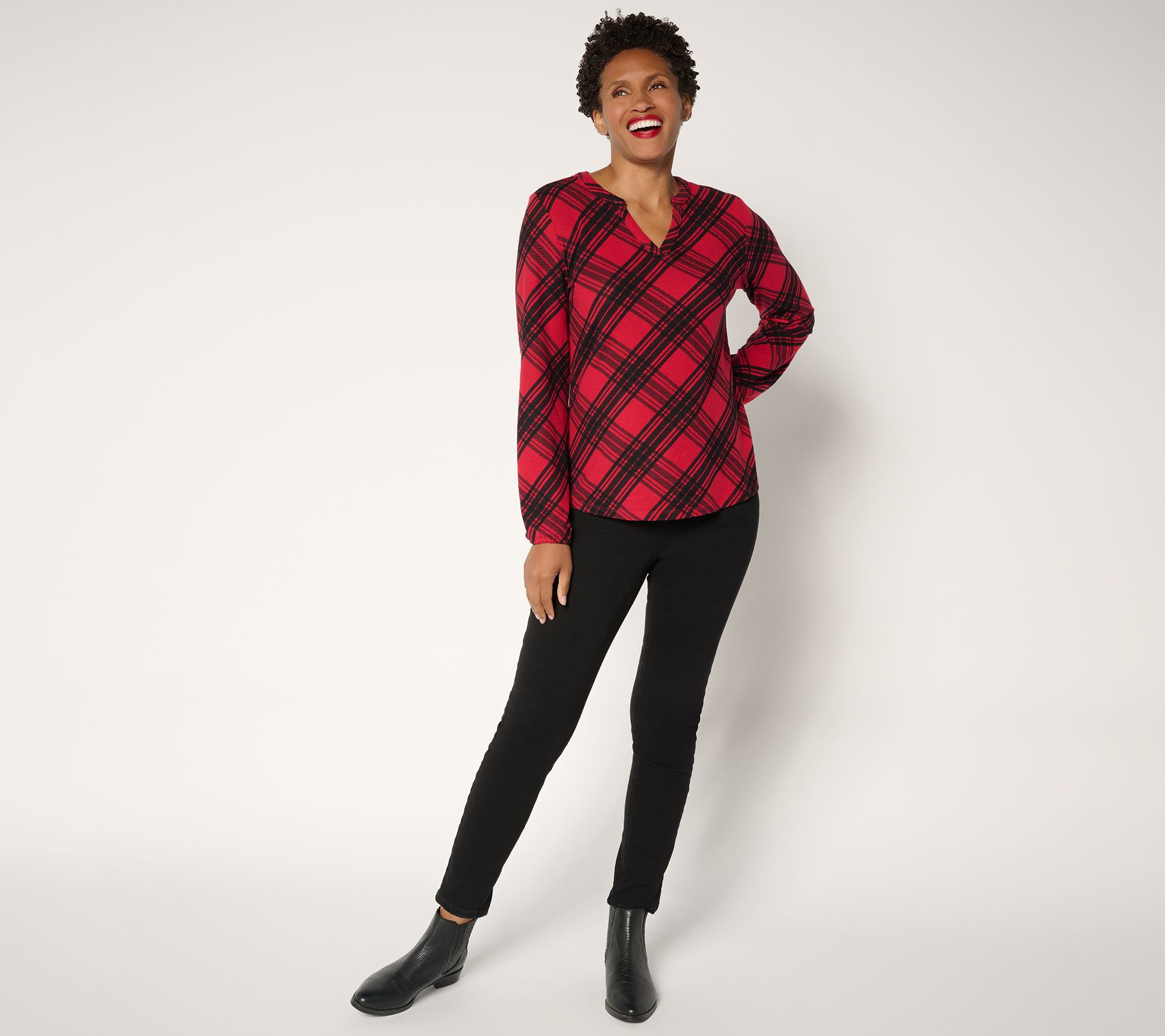 Denim & Co. Plaid Heavenly Jersey Split V-Neck Long Sleeve Top