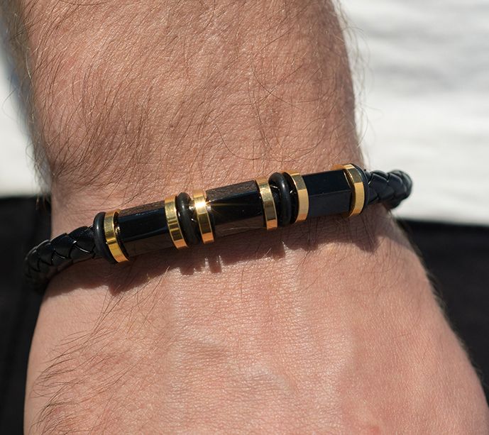 Steel by Design Men's Black Leather & 18k Gold Plated Bracelet