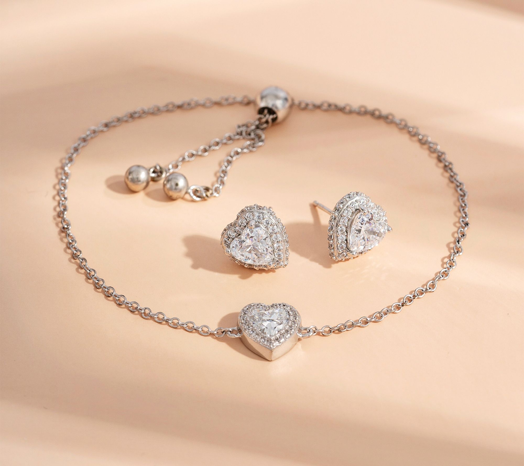 Diamonique Heart Bracelet & Stud Earrings Set,Sterling Silver