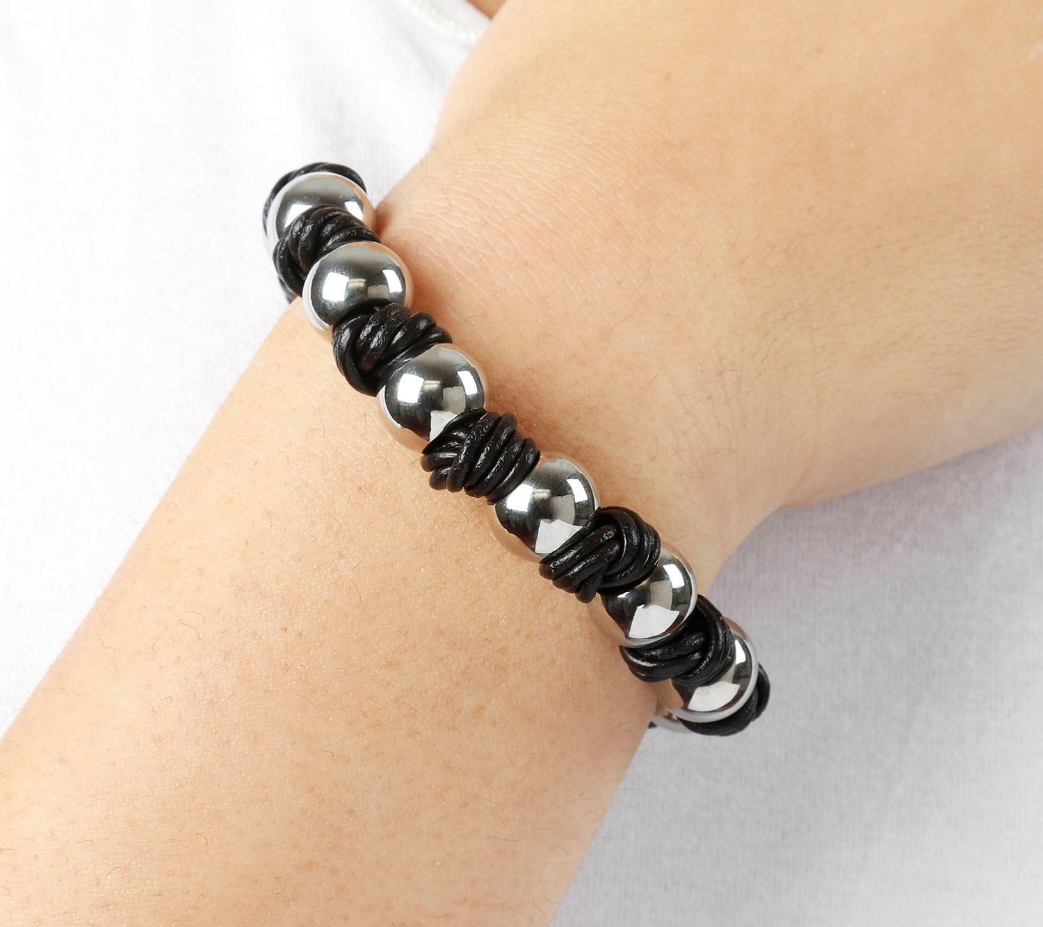 Steel By Design Polished Bead & Leather Knot Bracelet