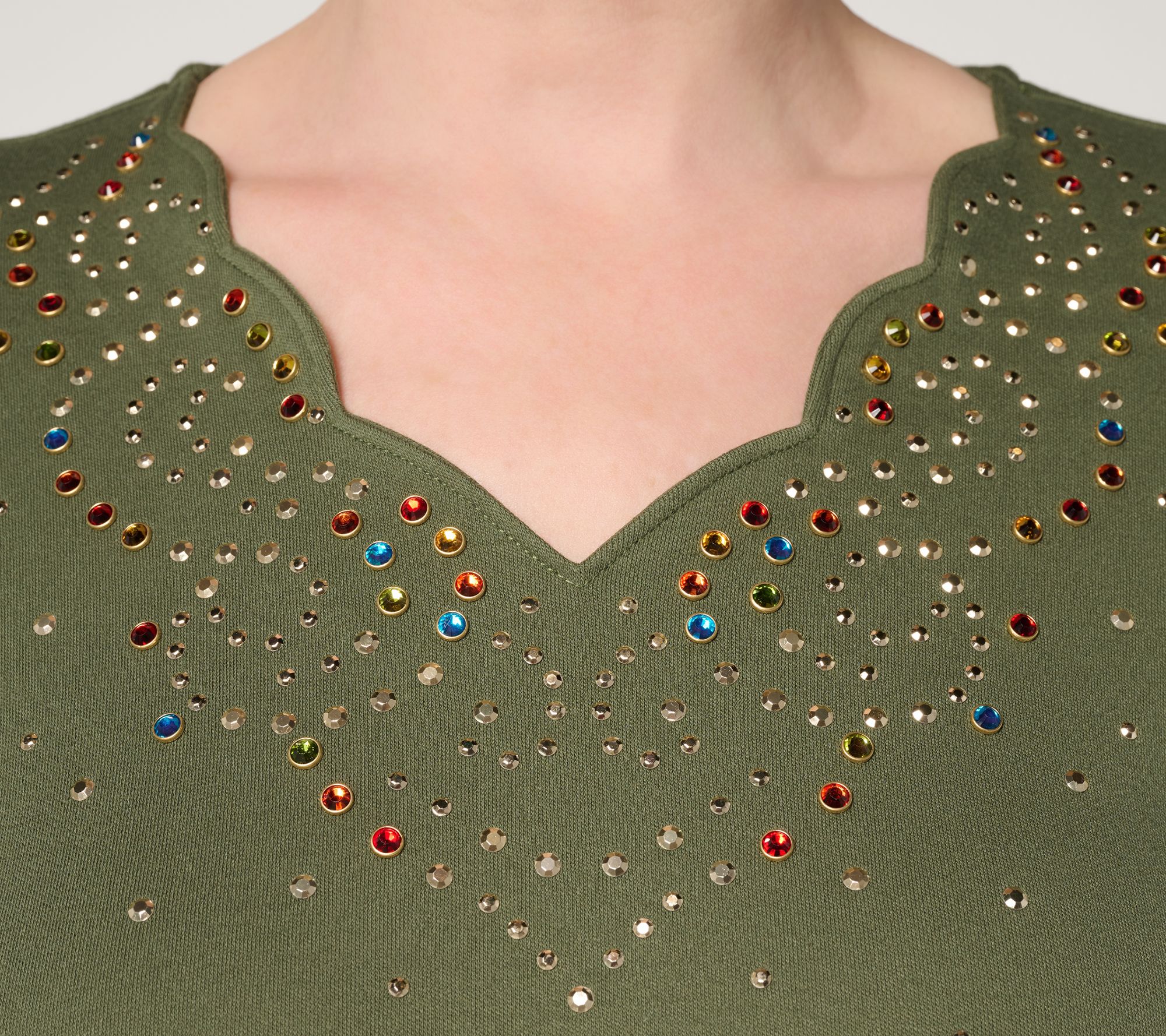 Quacker Factory Swirling Leaves Scalloped 3/4 Sleeve Top