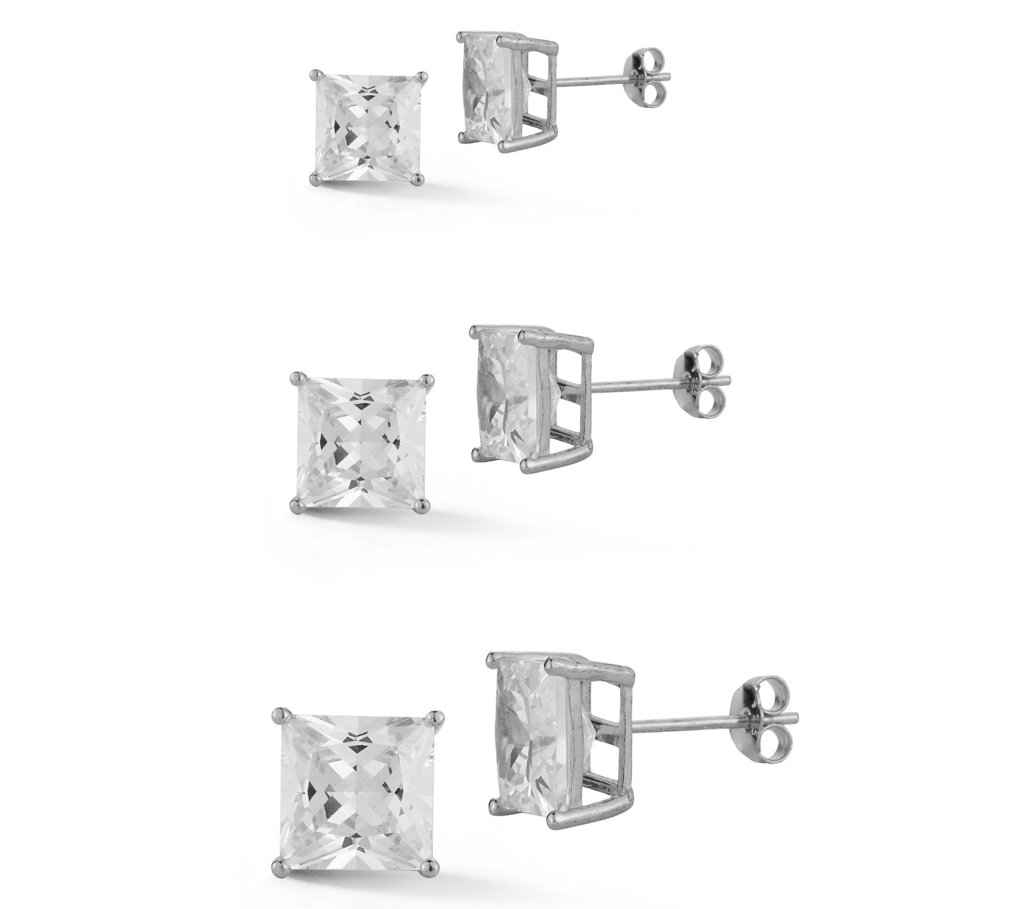 Sterlina Silver Set of 3 Princess-Cut Stud Earrings, Sterling