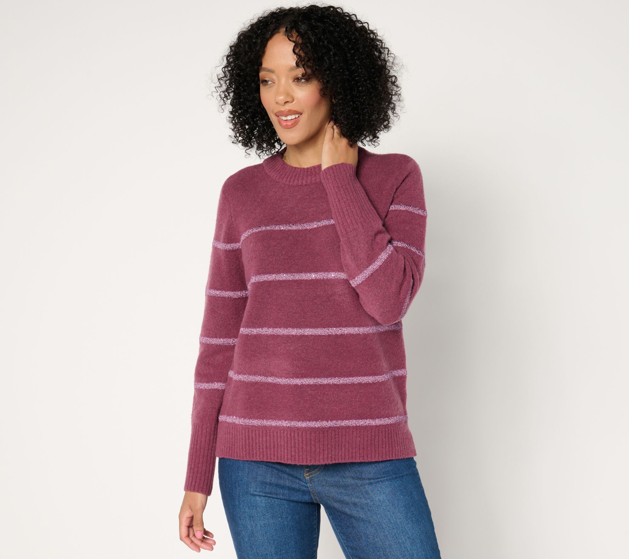 Isaac Mizrahi Live! Apres Mini Sequin Stripe Pullover Sweater