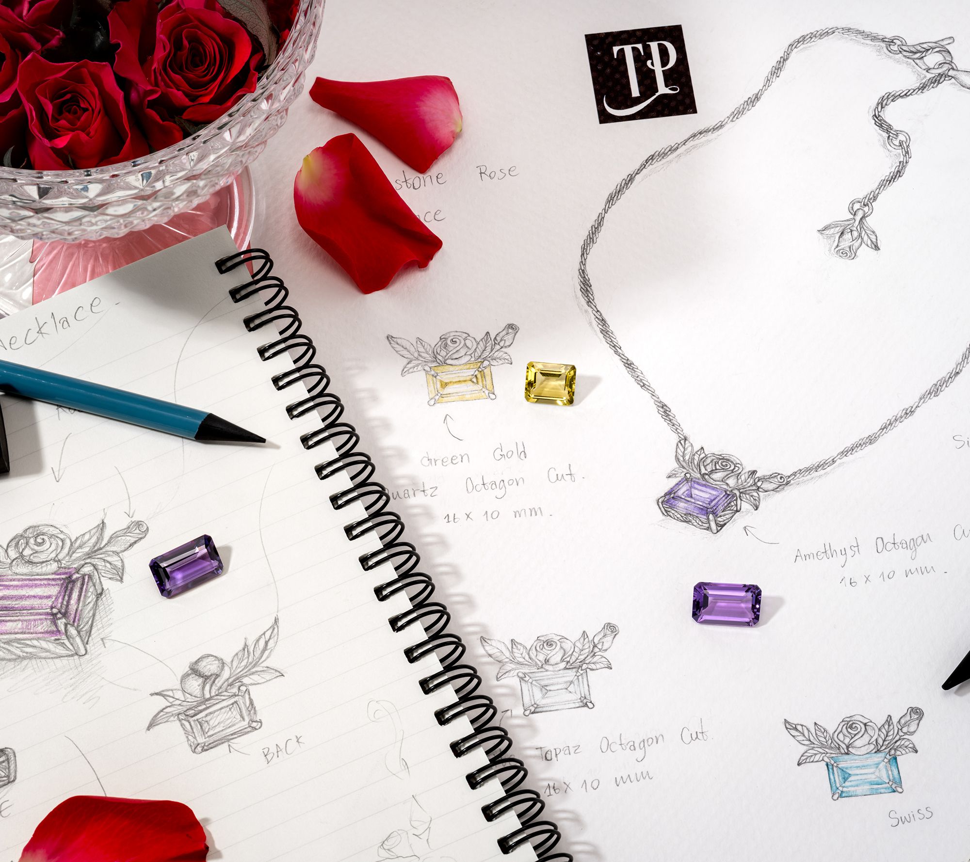 Third Person Sterling Emerald Cut Gemstone Rose Necklace