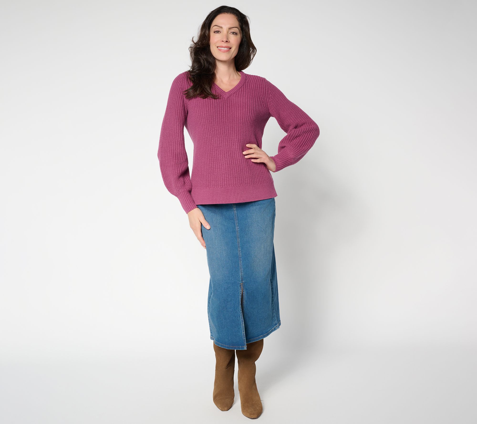 Belle by Kim Gravel Chunky Shaker Knit Bishop Sleeve Sweater