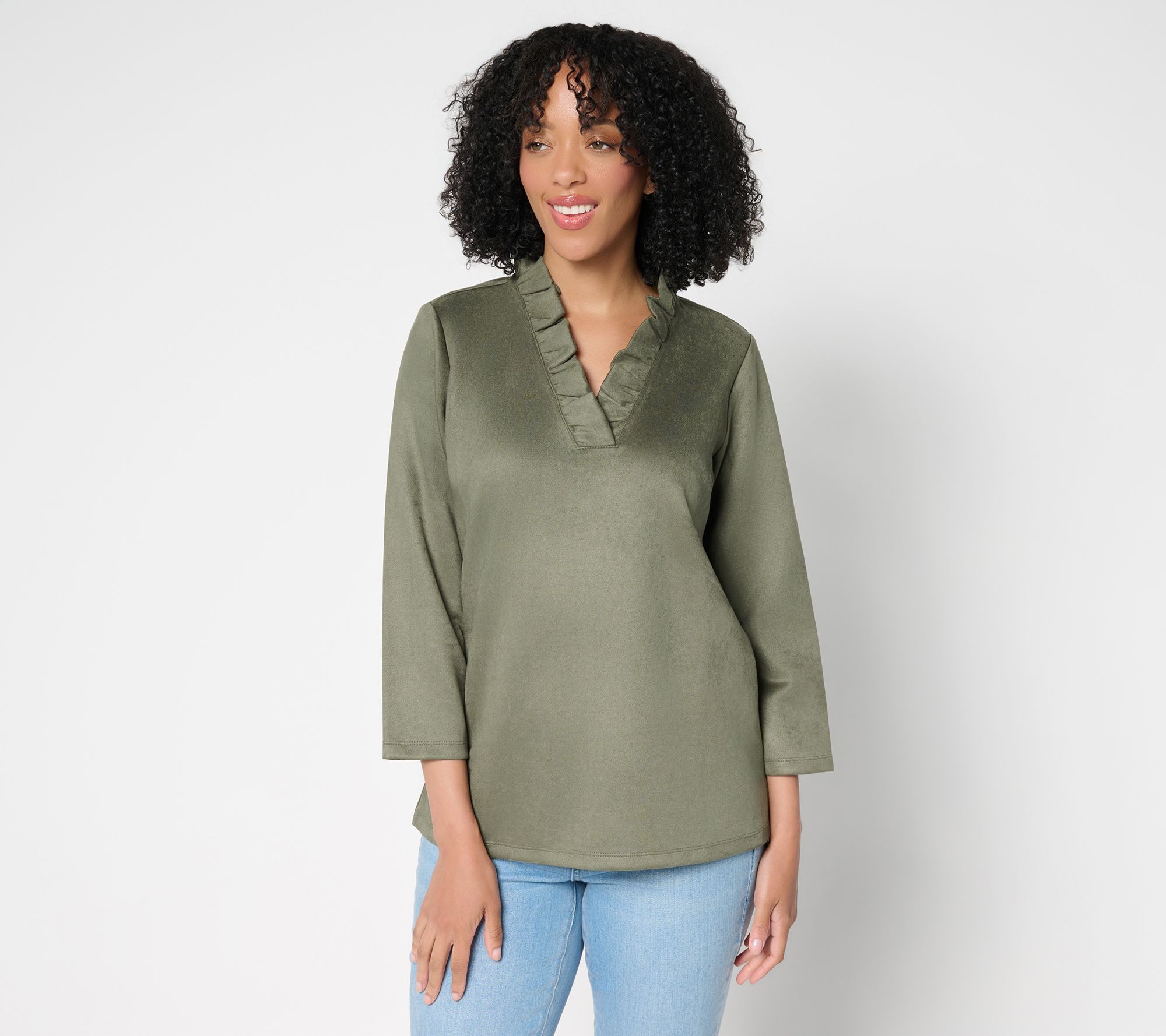 Belle Boho by Kim Gravel PerSuede Me Ruffle Collar V Neck Top