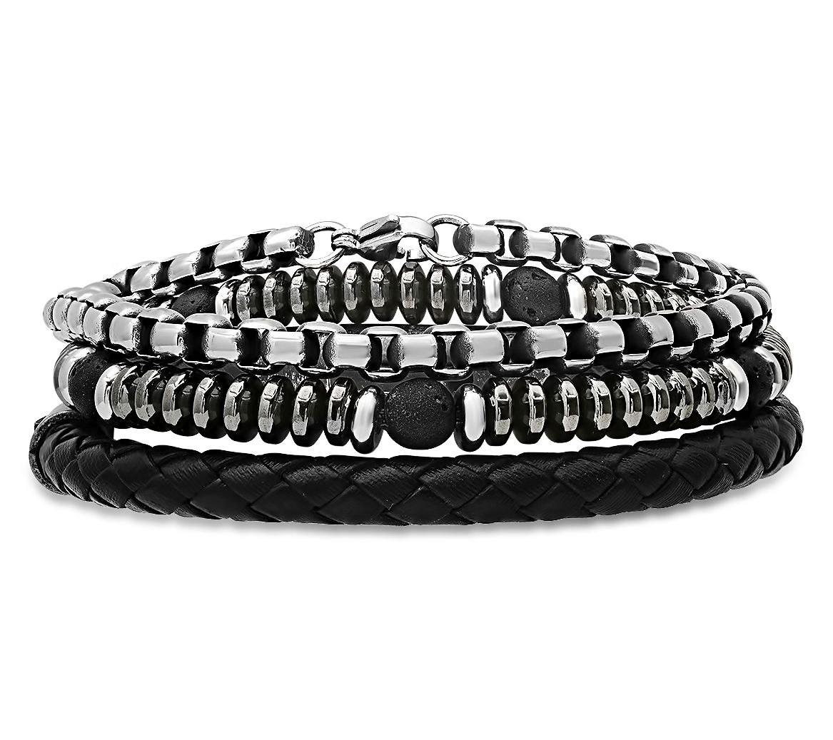 Steel By Design Men's Leather Beaded Bracelet Set
