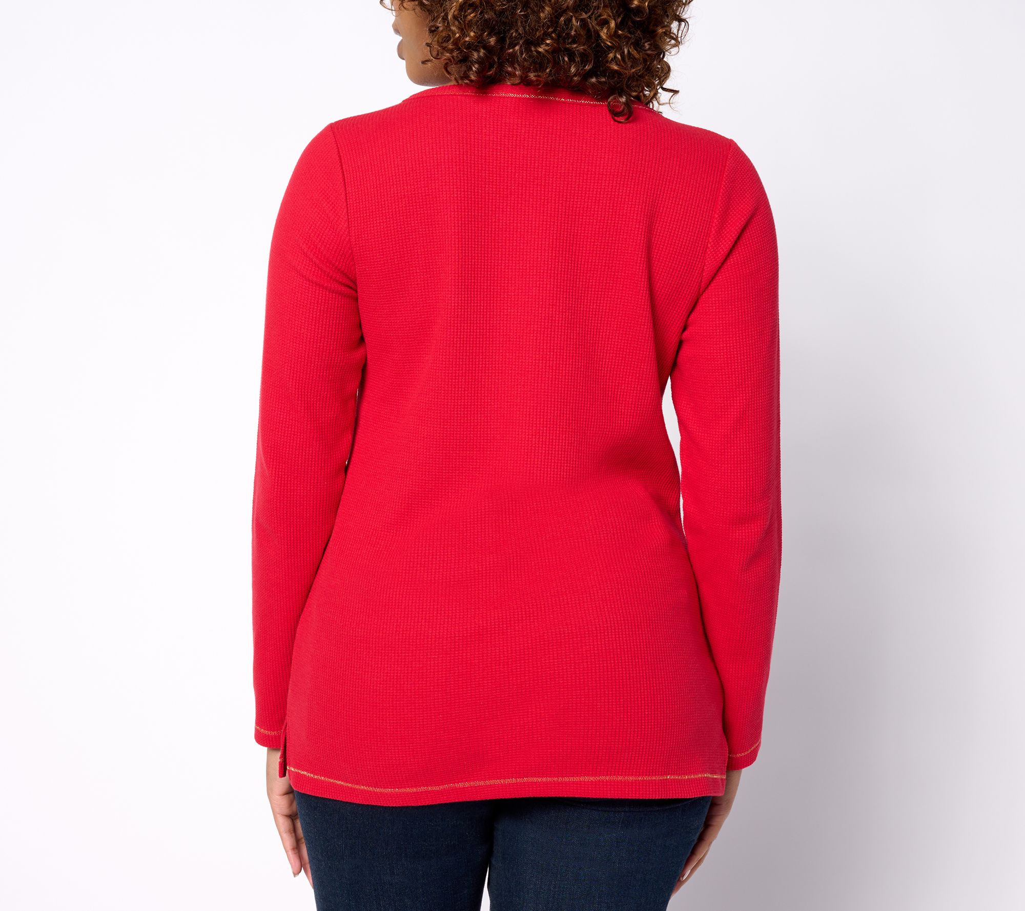 Quacker Factory Waffle Knit Top with Plaid Motif Detail