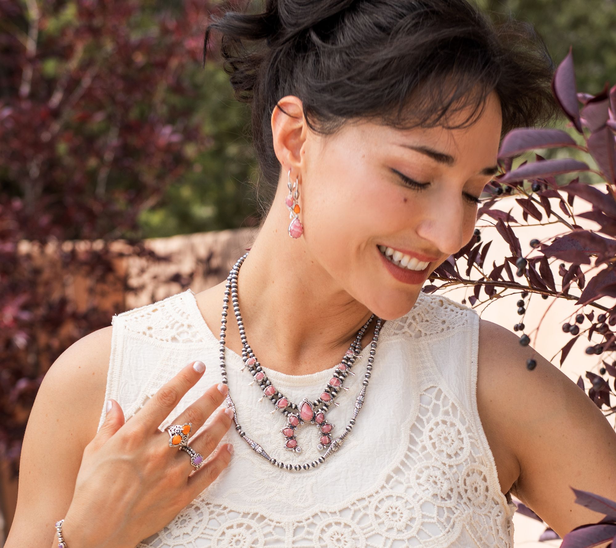 American West Sterl Gemstone Squash Blossom Necklace & Earrings Set