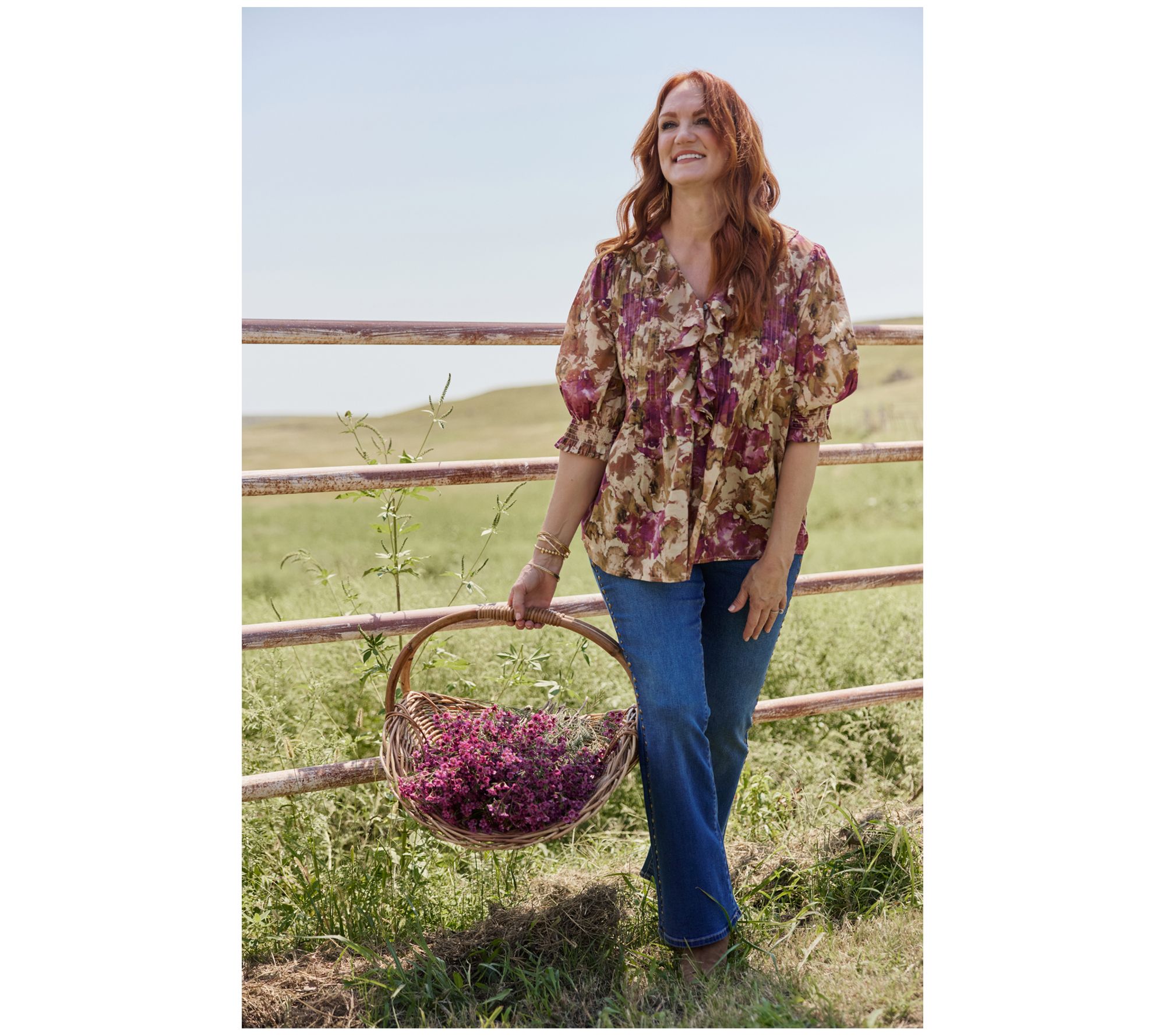 Ree by The Pioneer Woman Printed 100% Cotton Ruffle Front Blouse