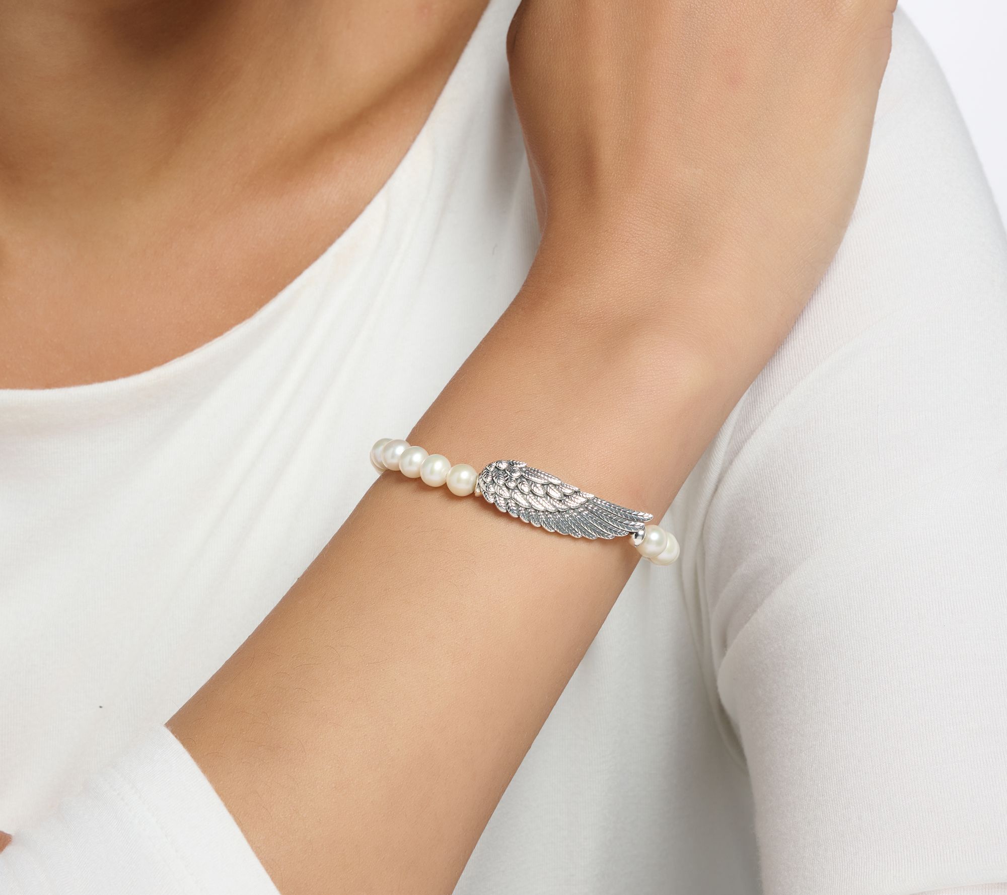 JAI Sterling Silver Angel Wing & Cultured Pearl Bracelet