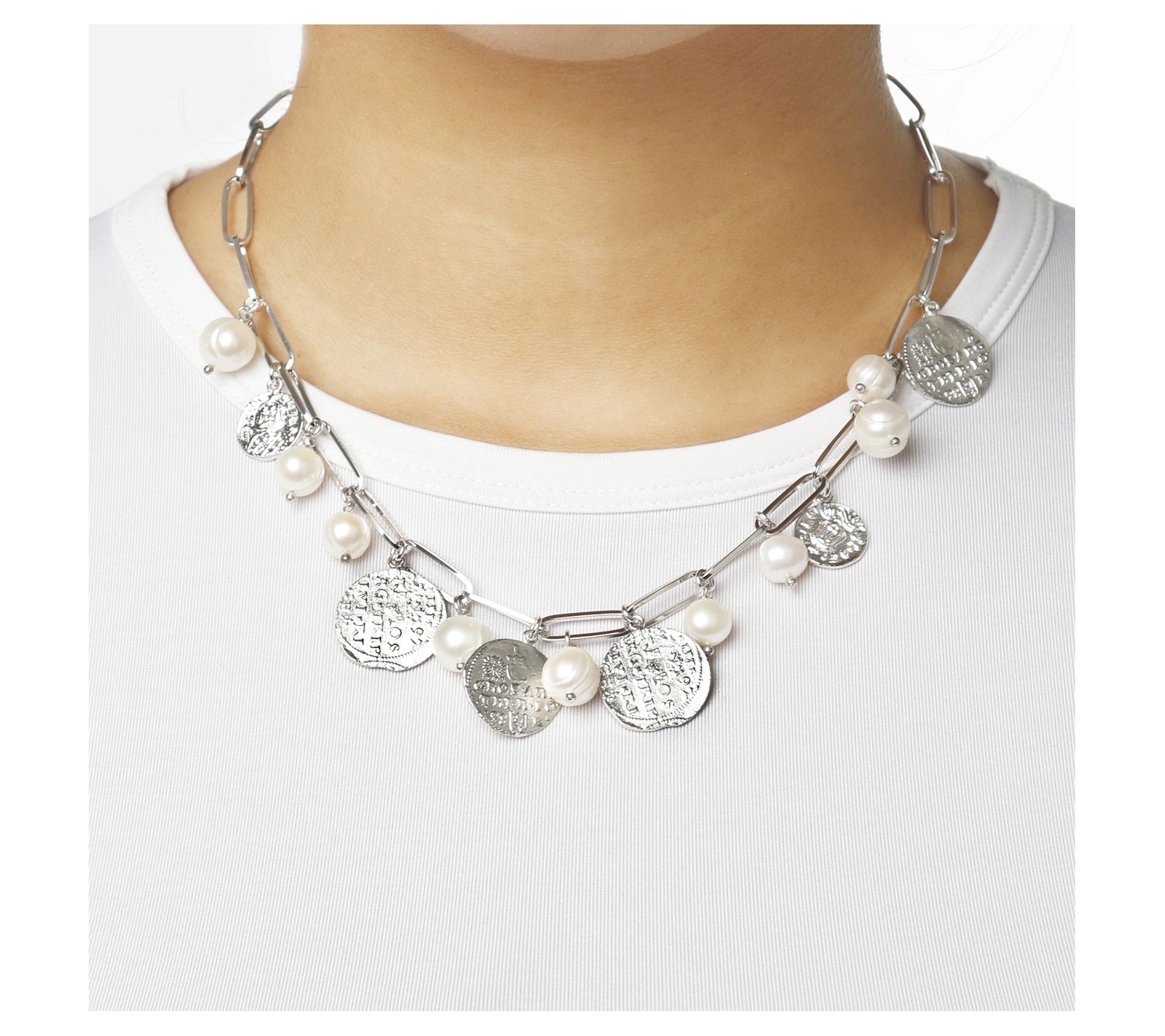 Honora Bronze Cultured Pearl & Coin Paperclip Link Necklace