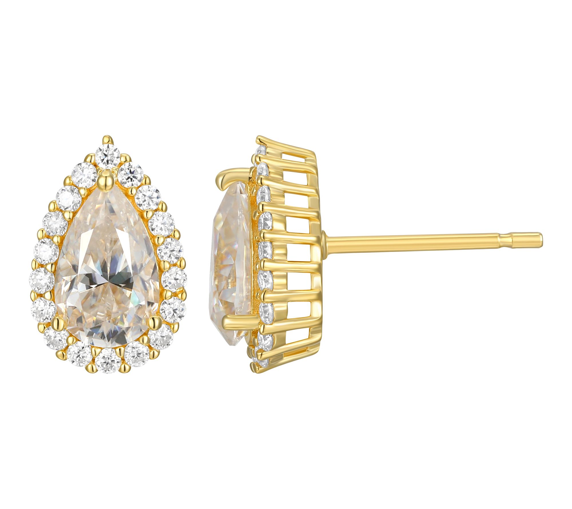 Moissanite Pear Cut Halo Stud Earrings, 18K Gold Plated