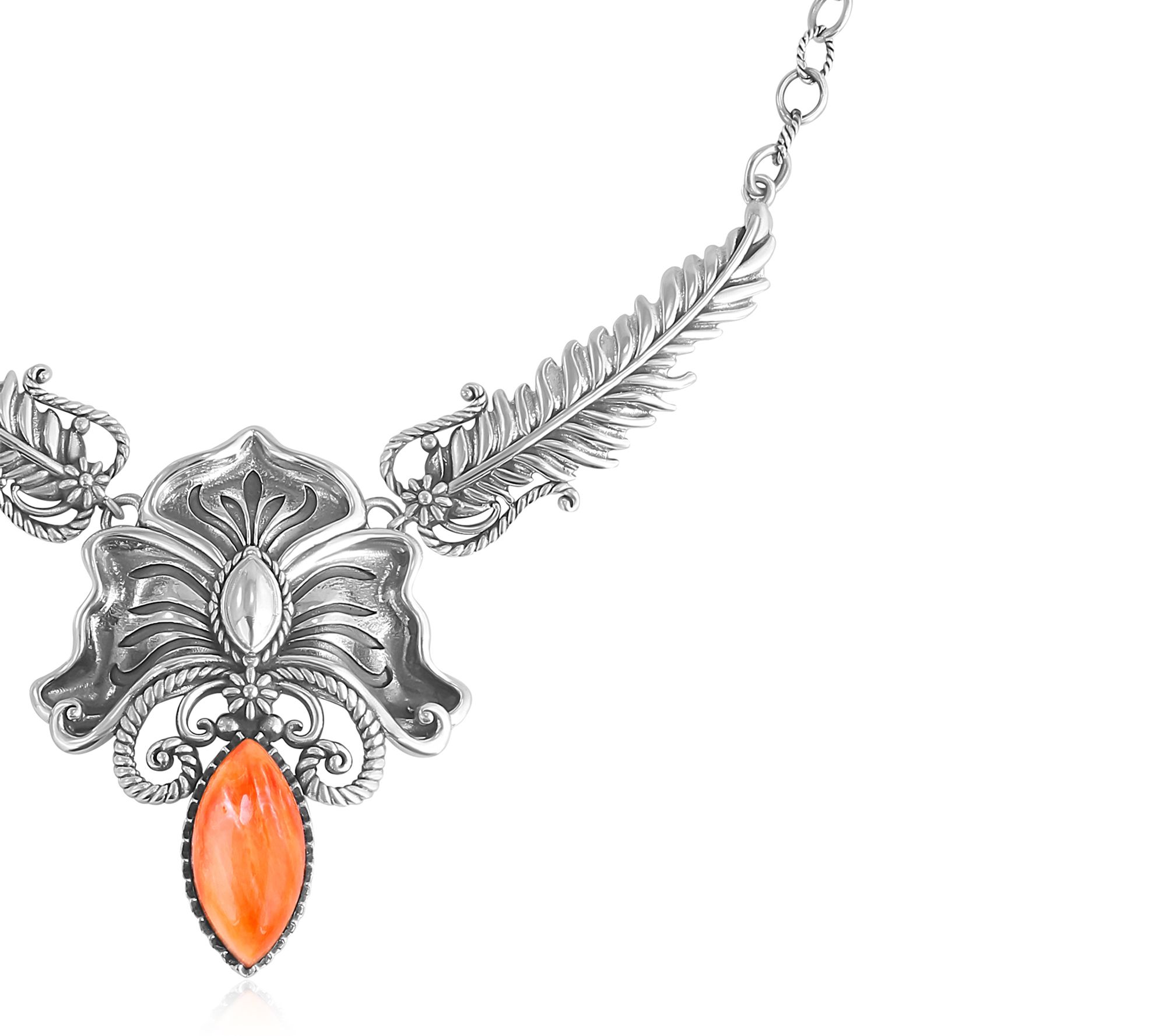 American West Sterling Cactus Flower Marquise Feather Necklace