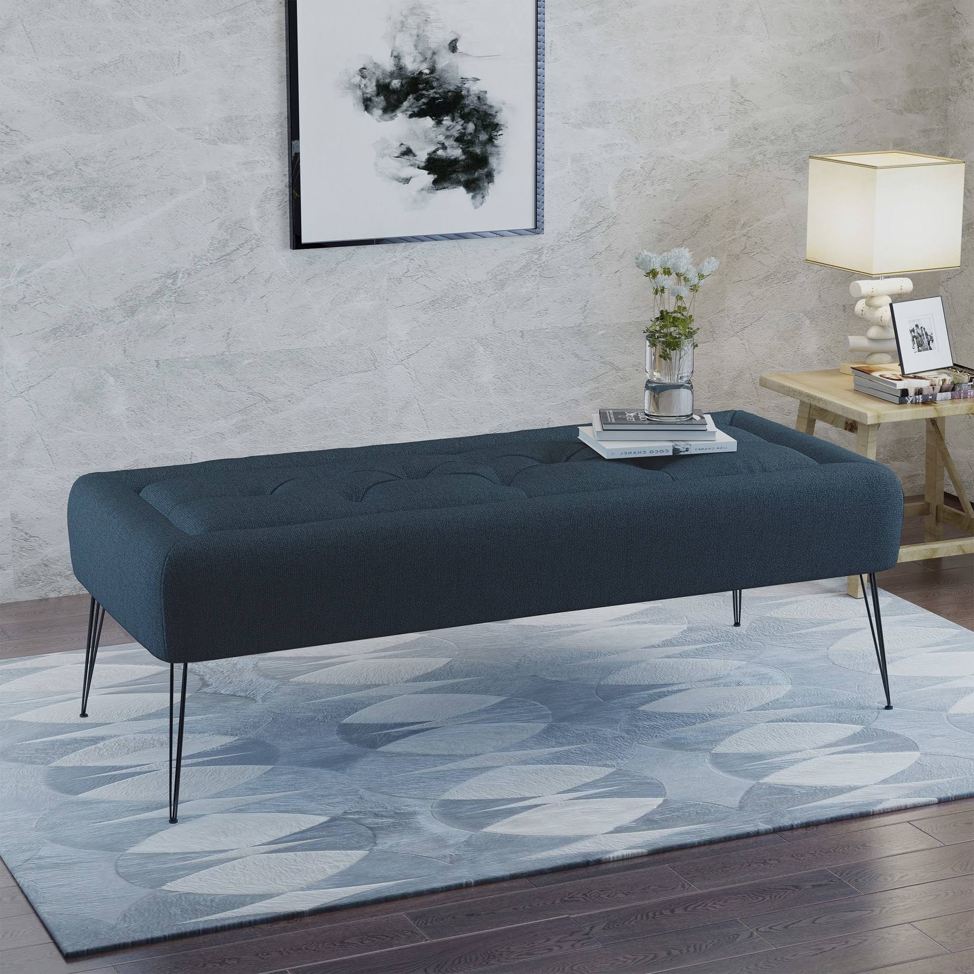 Christopher Knight Home Zyler Rectangle Tufted Fabric Ottoman Bench by, Blue