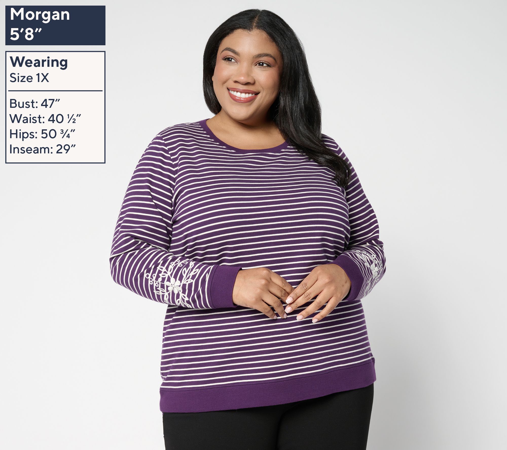 Denim & Co. Yarn Dye Stripe French Terry Pullover with Embroidery