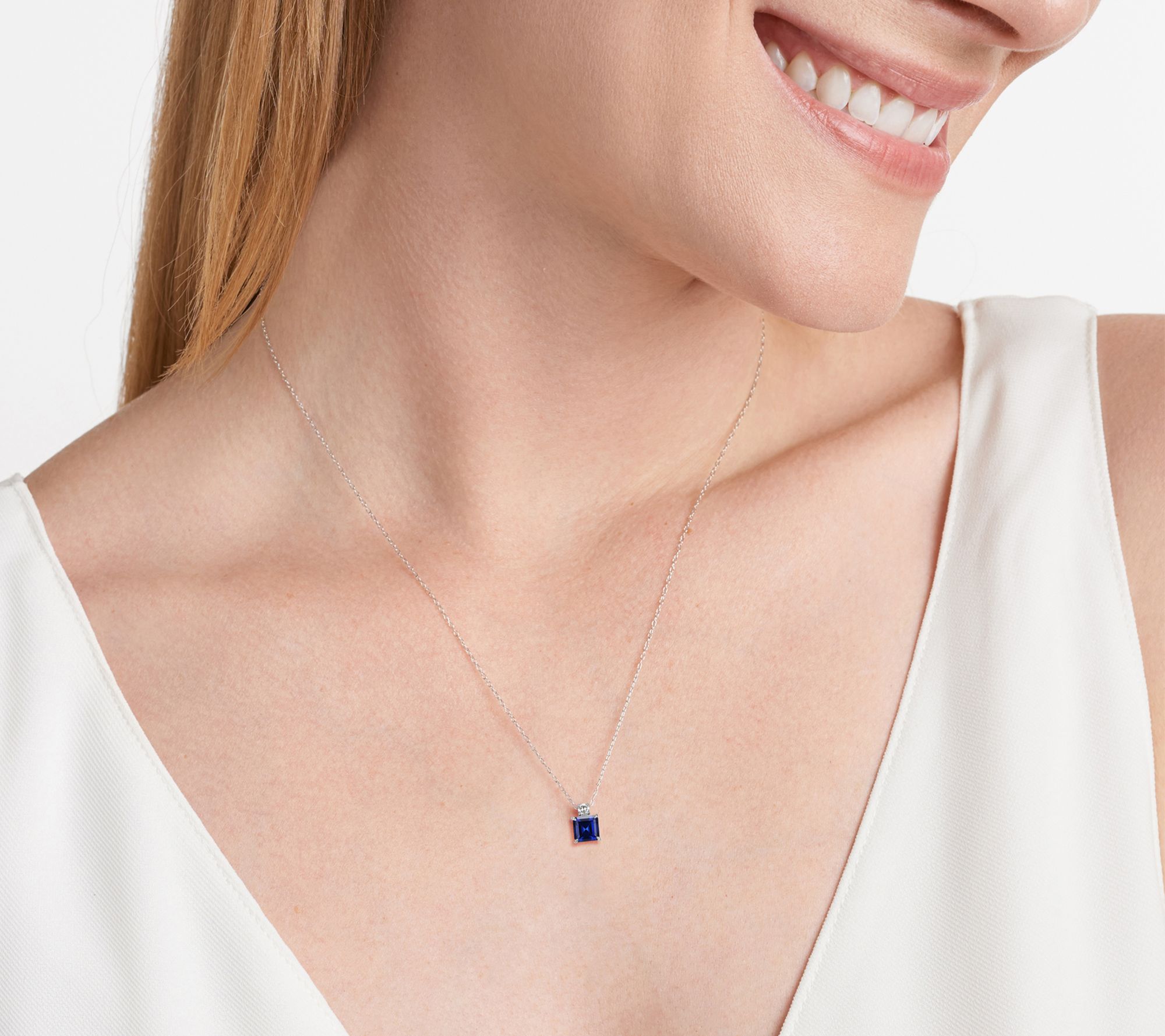 LuxLab Grown Square Gemstone & Diamond Necklace , Sterling