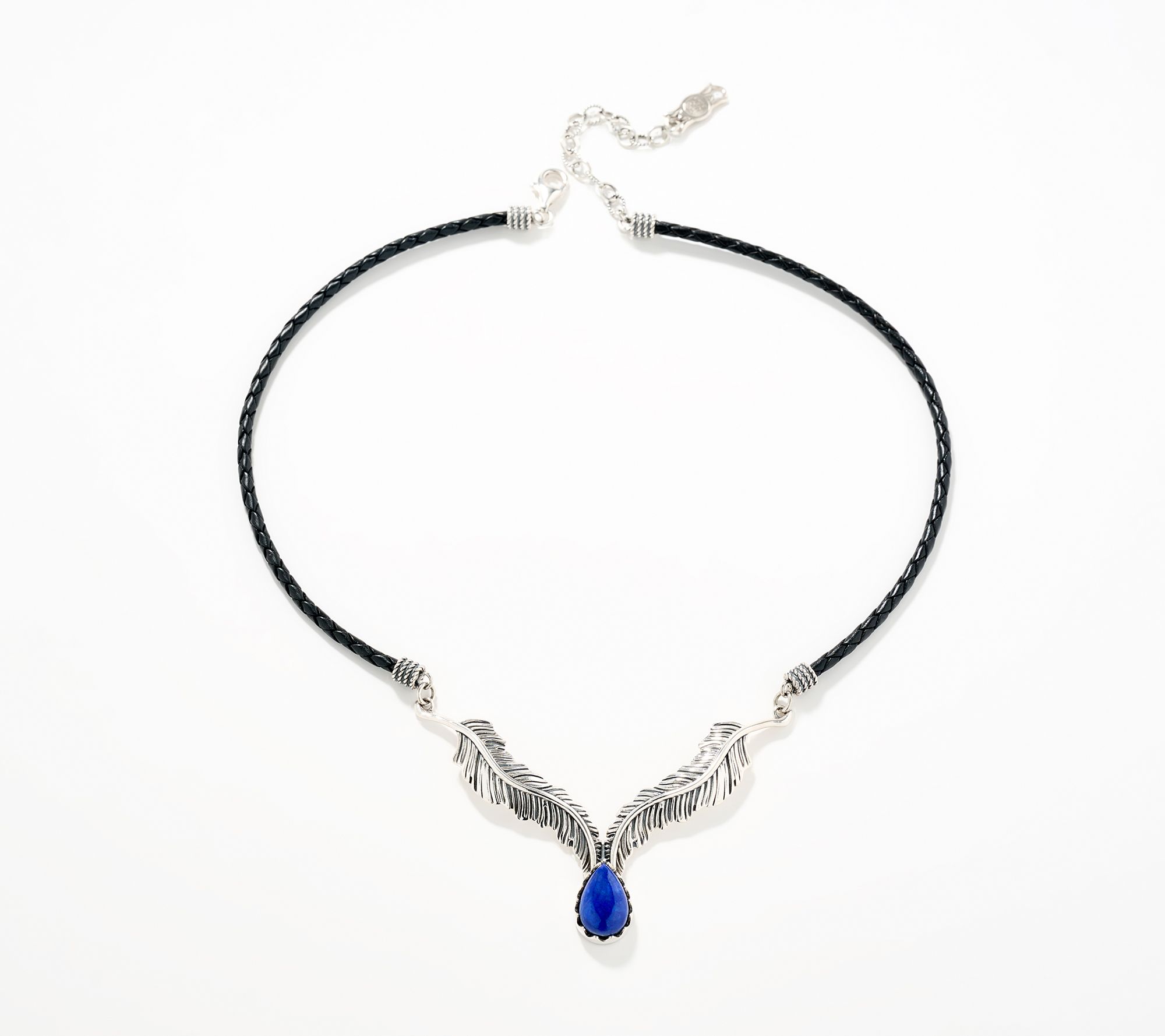 American West Sterl Feather Gemstone Leather Necklace