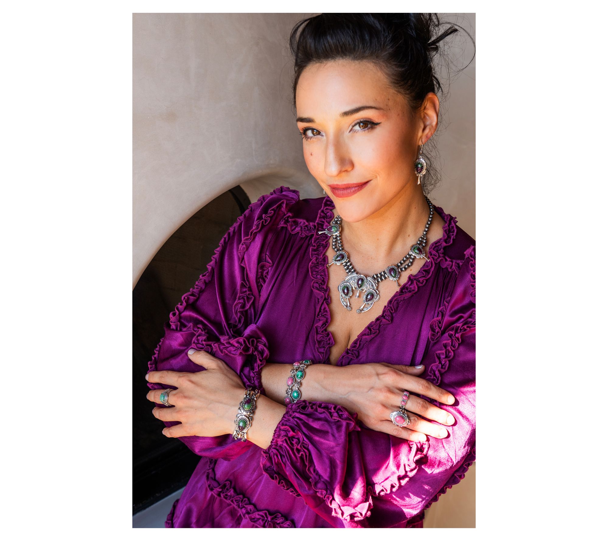 American West Sterling Silver Pear Gemstone Squash Blossom Cuff Bracelet