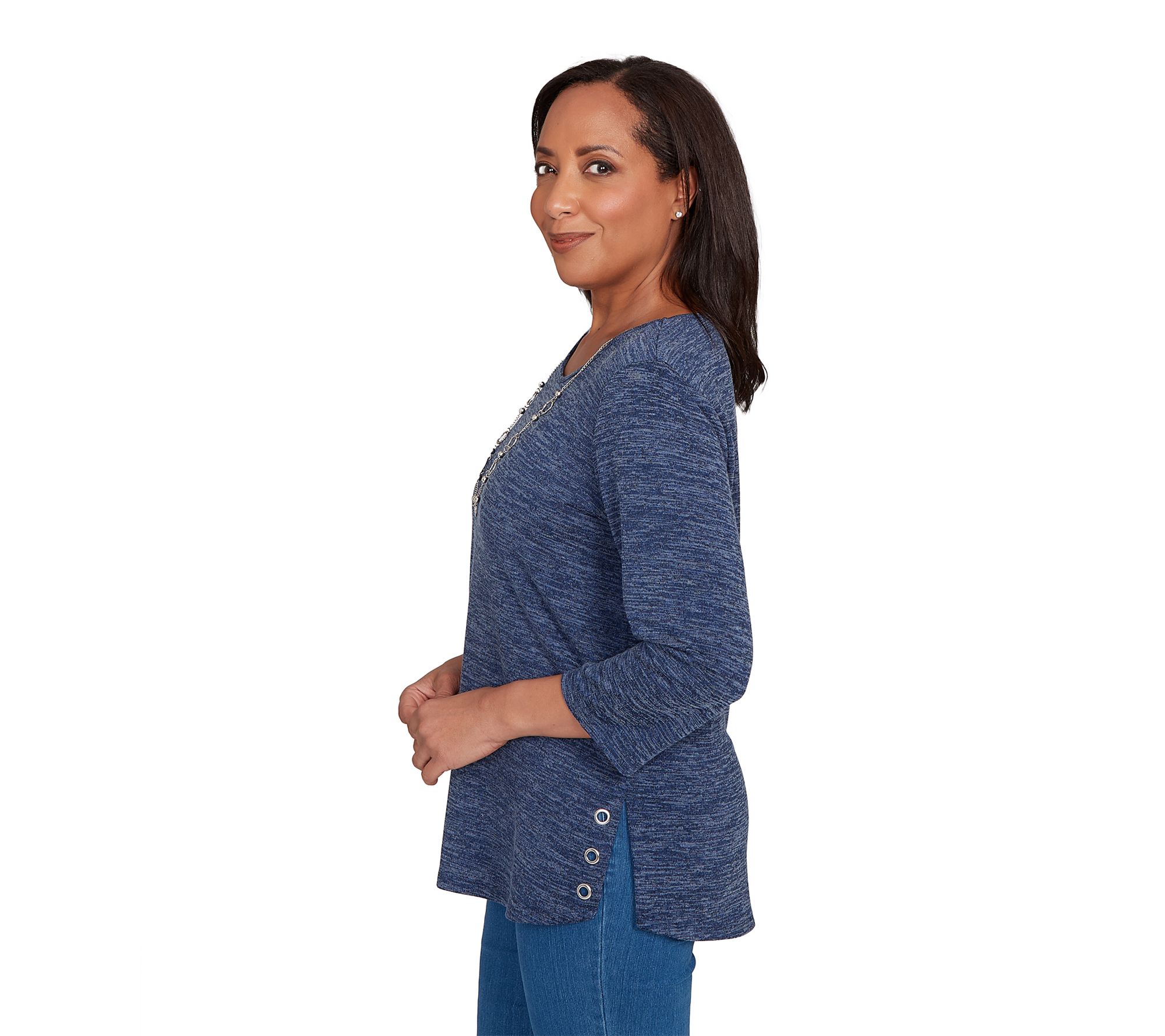 Alfred Dunner Petite Melange Side Button Top with Necklace